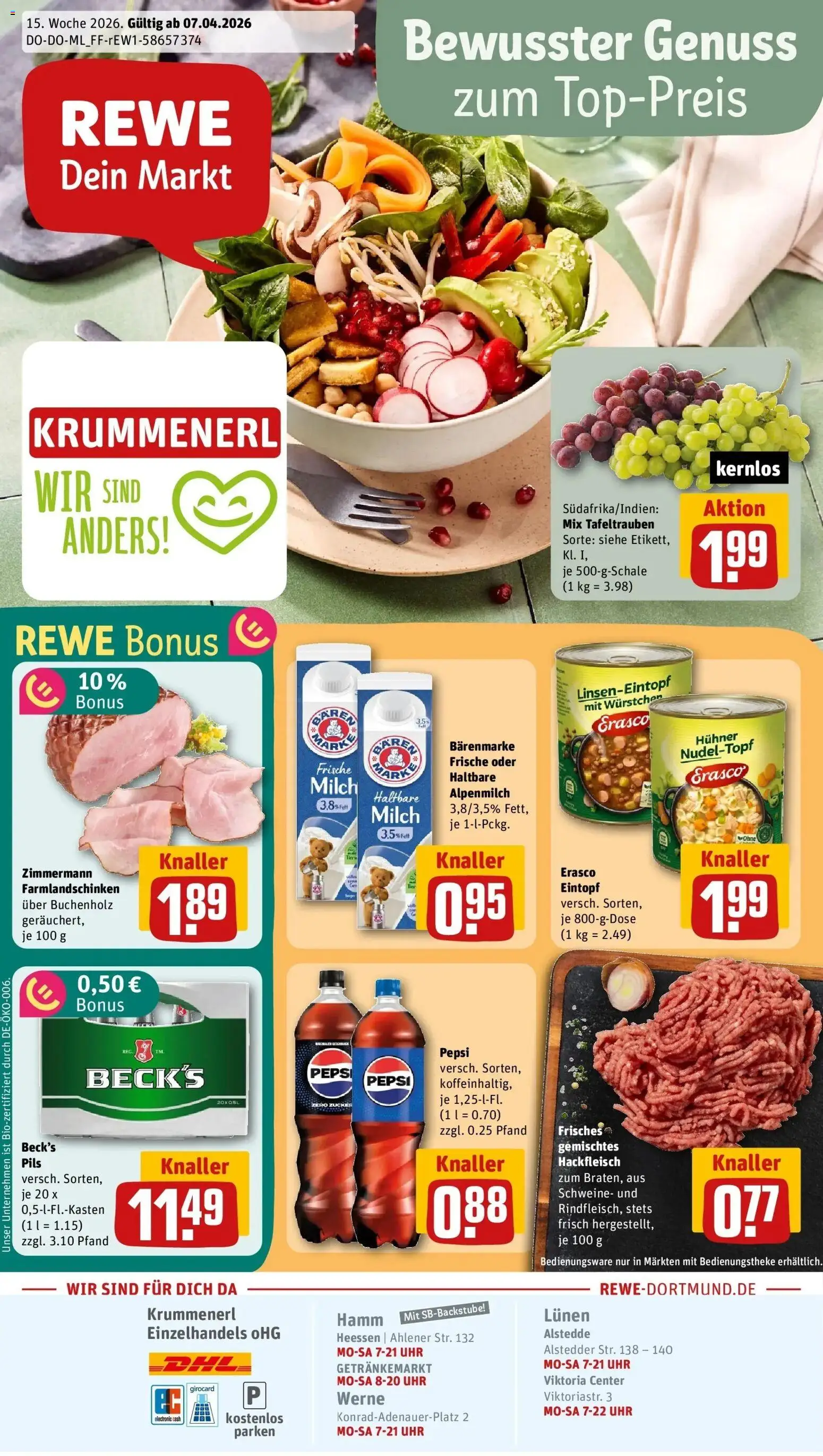 Vorschau von dem Prospekt des Geschäftes Rewe, gültig ab dem 05.04.2026 - Uhr, Cola, Milch, Hackfleisch, Zucker, Pepsi, Pils, Erasco