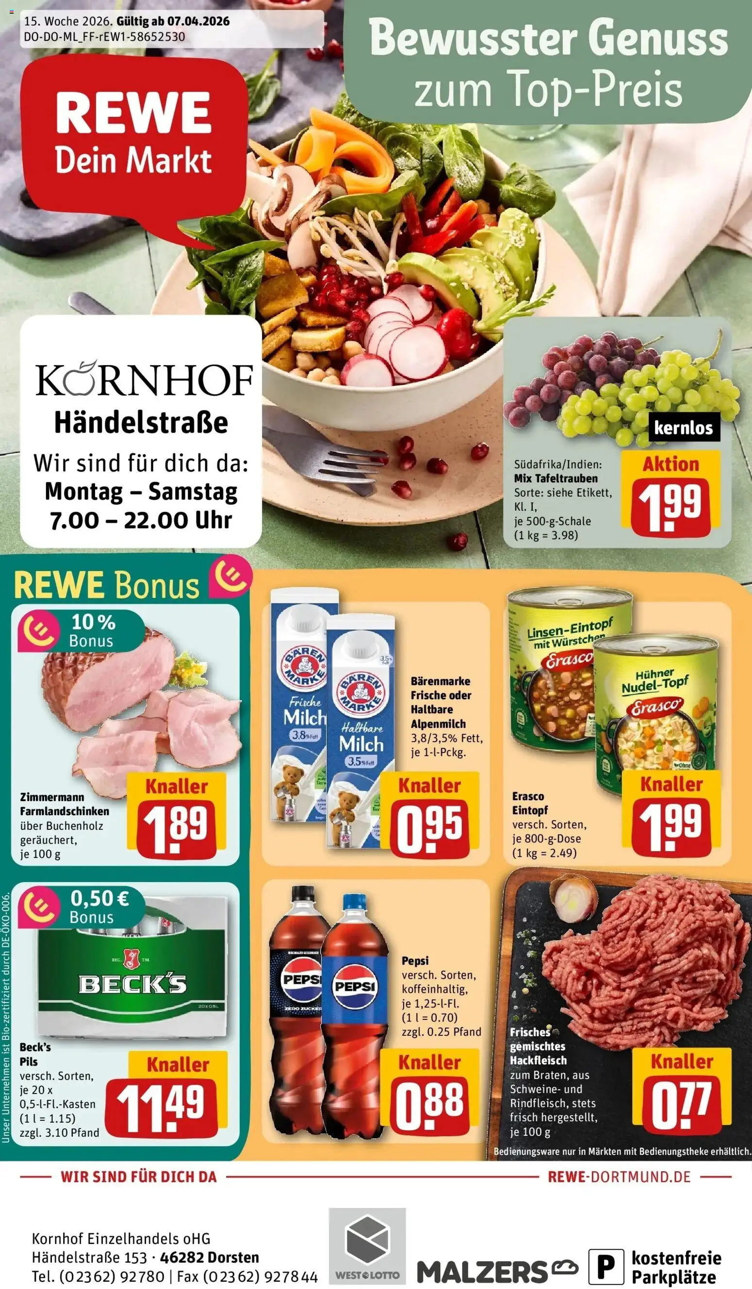 Vorschau von dem Prospekt des Geschäftes Rewe, gültig ab dem 05.04.2026 - Uhr, Cola, Milch, Hackfleisch, Zucker, Pepsi, Pils, Erasco