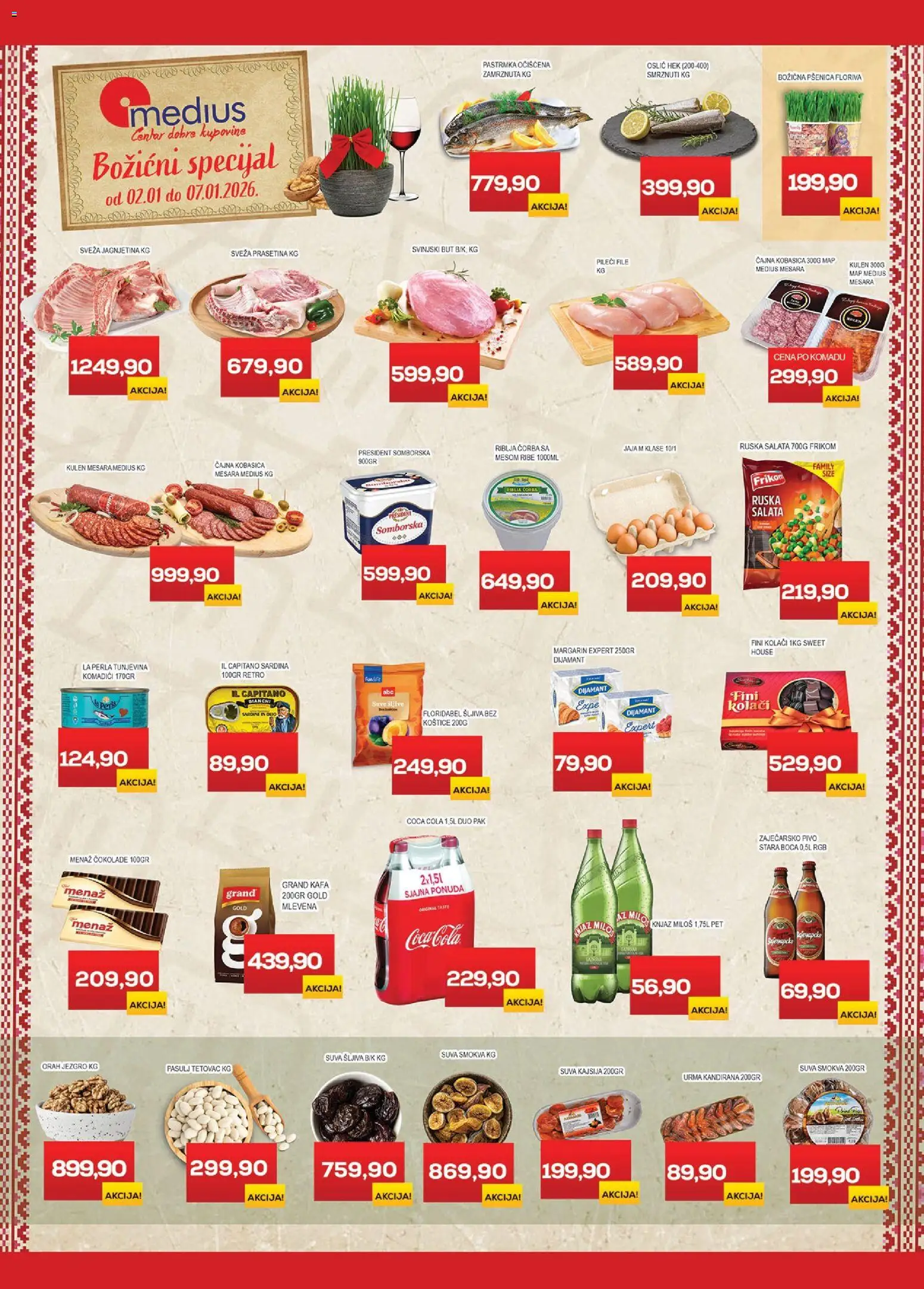 Pregled Medius kataloga - važi od 02.01.2026 - Ruska salata, Coca Cola, Kafa, Pivo, Kulen, Oslić, Salata, Sardina