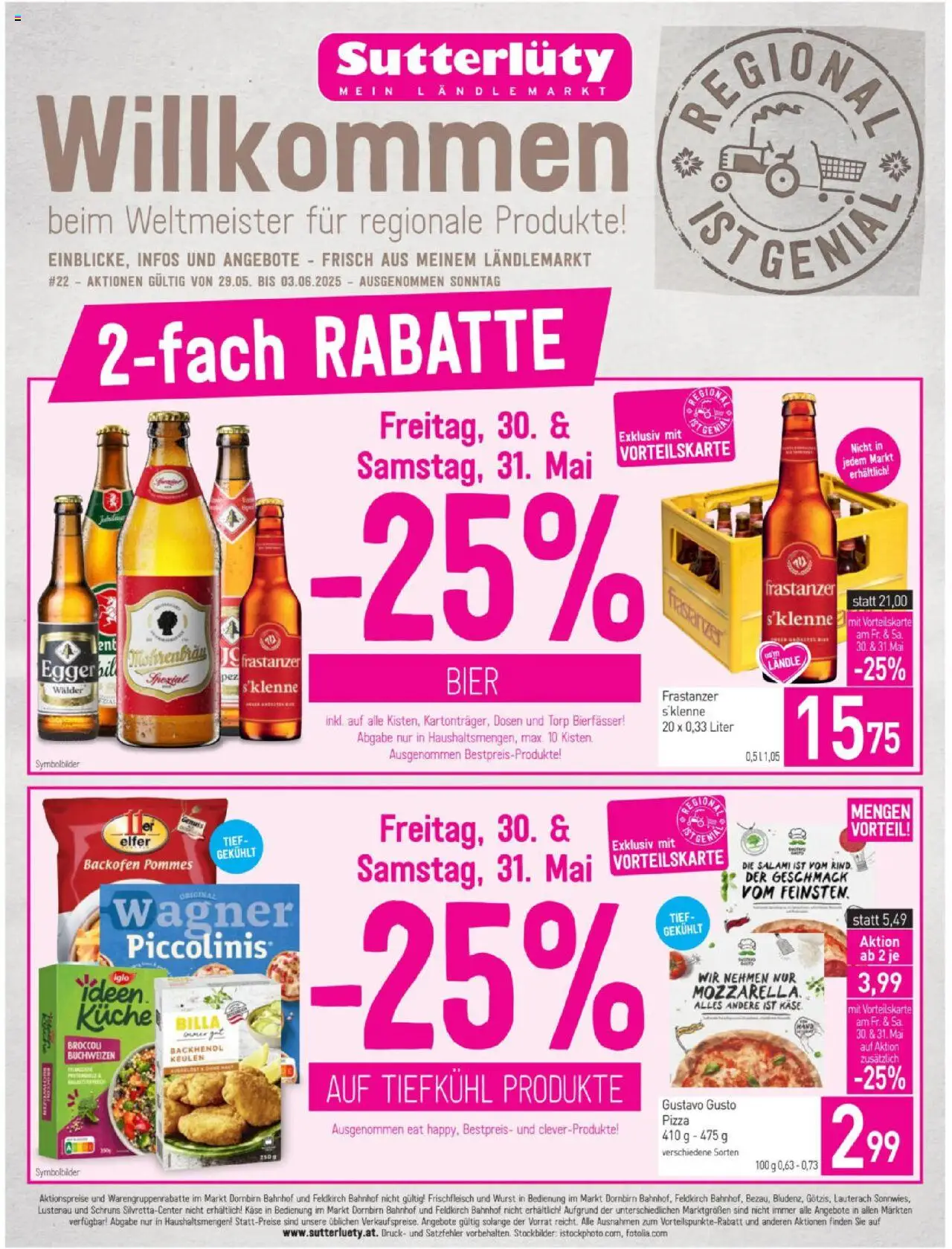  Sutterlüty Flugblatt ab (29.05.2025 - 03.06.2025) - Seite 1 - Pizza, Bier, Wurst, Käse, Salami