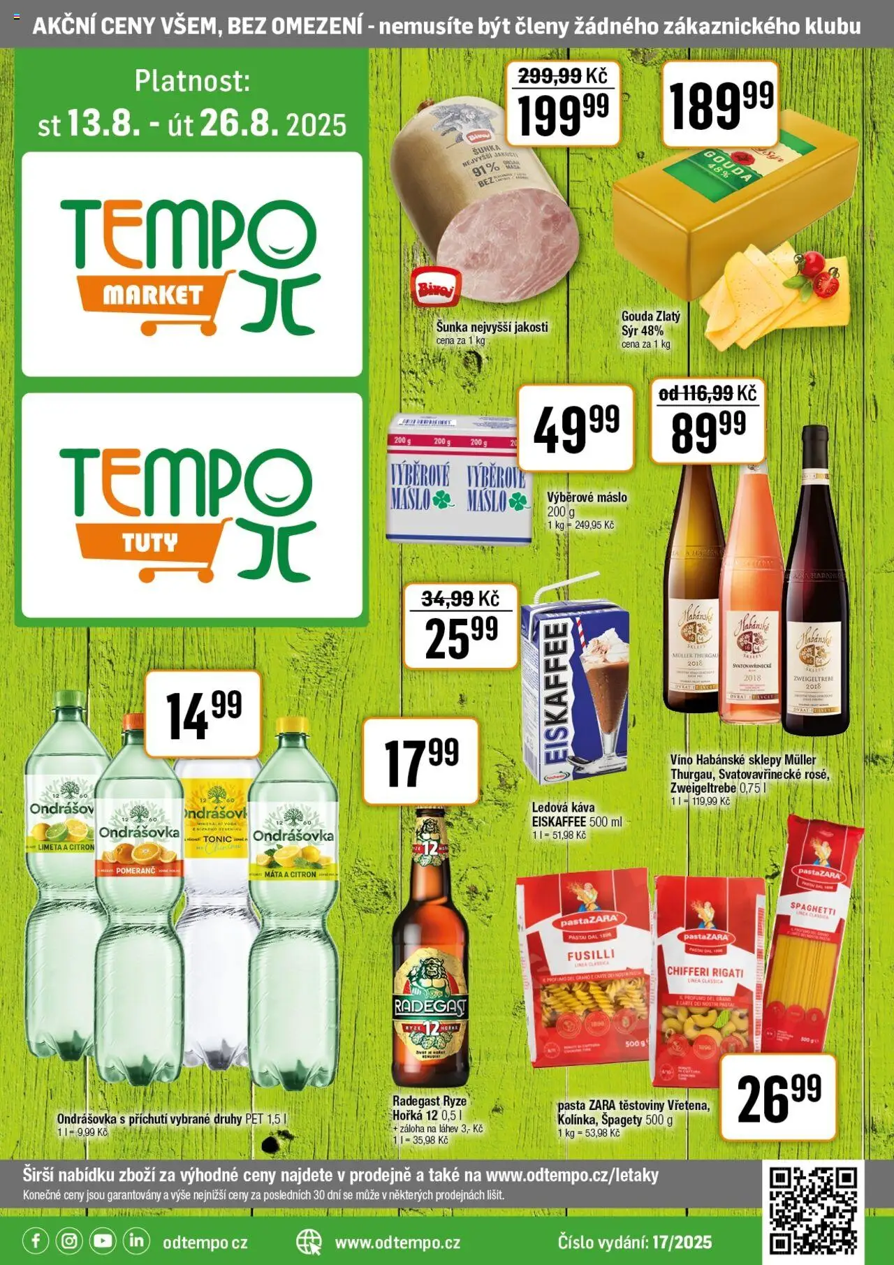  Tempo Leták - Tuty (13.08.2025 - 26.08.2025) - Káva, Voda, Radegast, Šunka, Habánské sklepy, Ledová káva, Eiskaffee, Ondrášovka