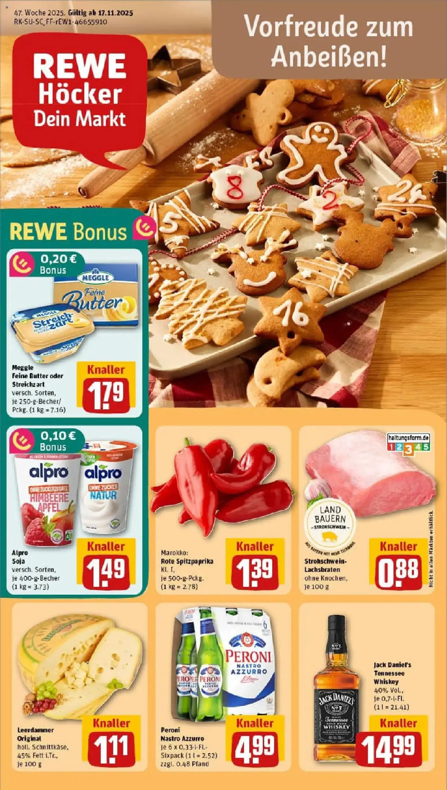 Vorschau von dem Prospekt des Geschäftes Rewe, gültig ab dem 17.11.2025 - Butter, Äpfel, Himbeere, Zucker, Alpro, Leerdammer, Jack Daniel's, Meggle butter