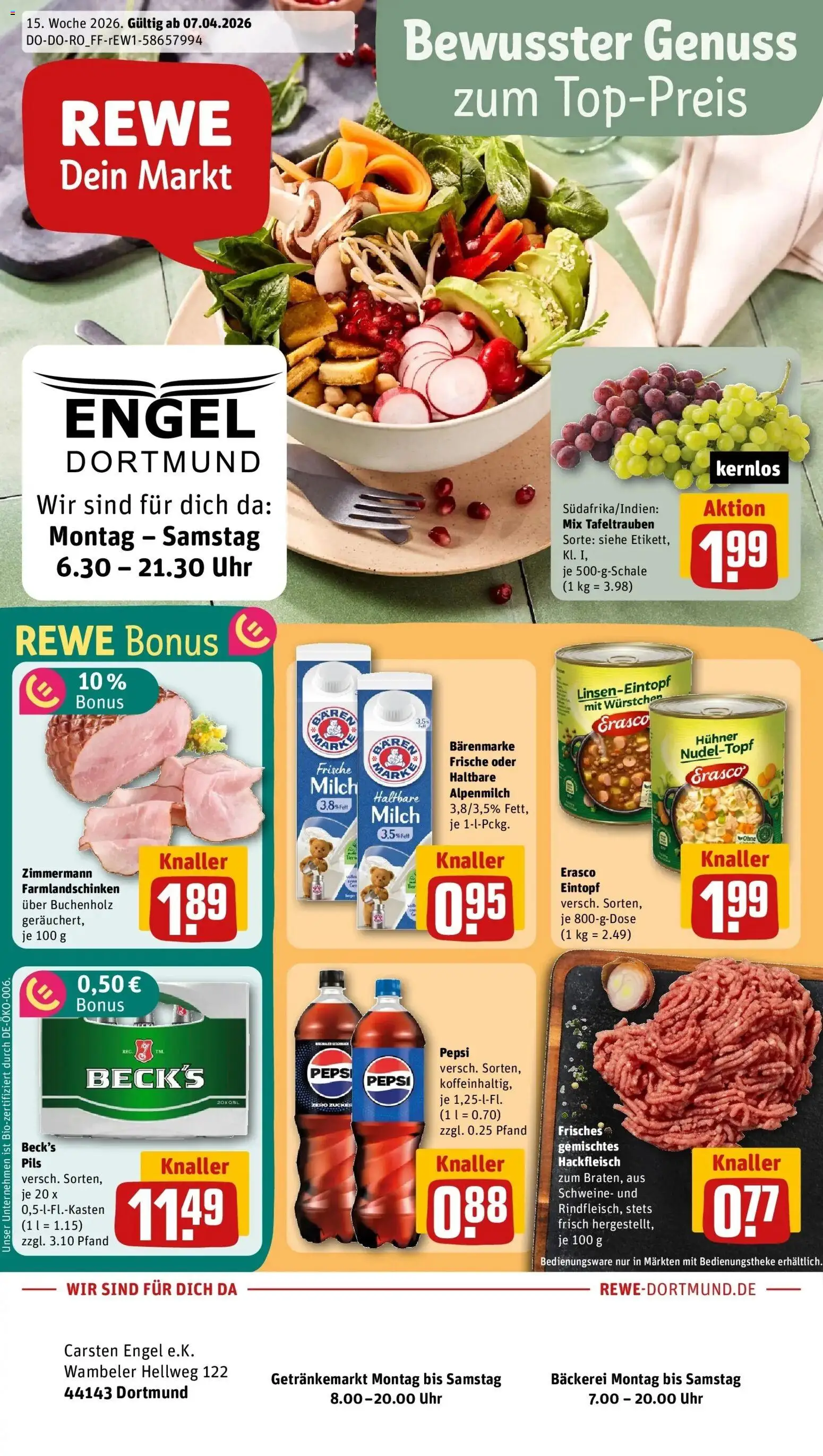 Vorschau von dem Prospekt des Geschäftes Rewe, gültig ab dem 05.04.2026 - Bäckerei, Cola, Milch, Hackfleisch, Zucker, Pepsi, Pils, Erasco