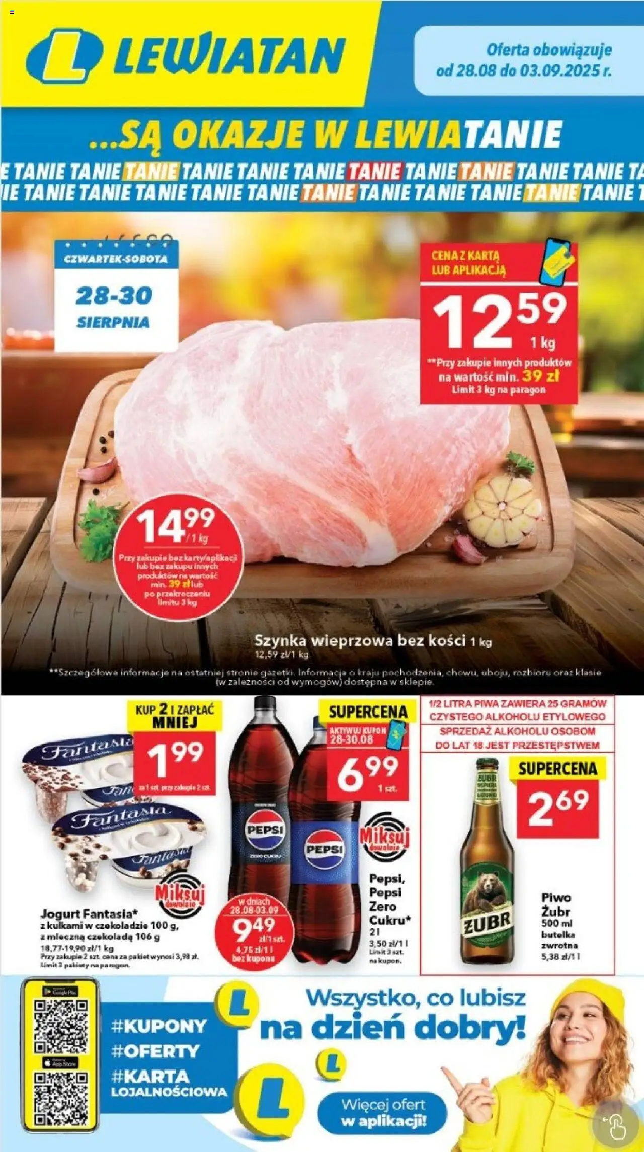 Lewiatan gazetka od 28.08.2025 - Promocje "Lublin" - Numer strony 1 - Piwo, Czekolada, Pepsi, Karta, Szynka, Fanta, Jogurt, Szynka wieprzowa