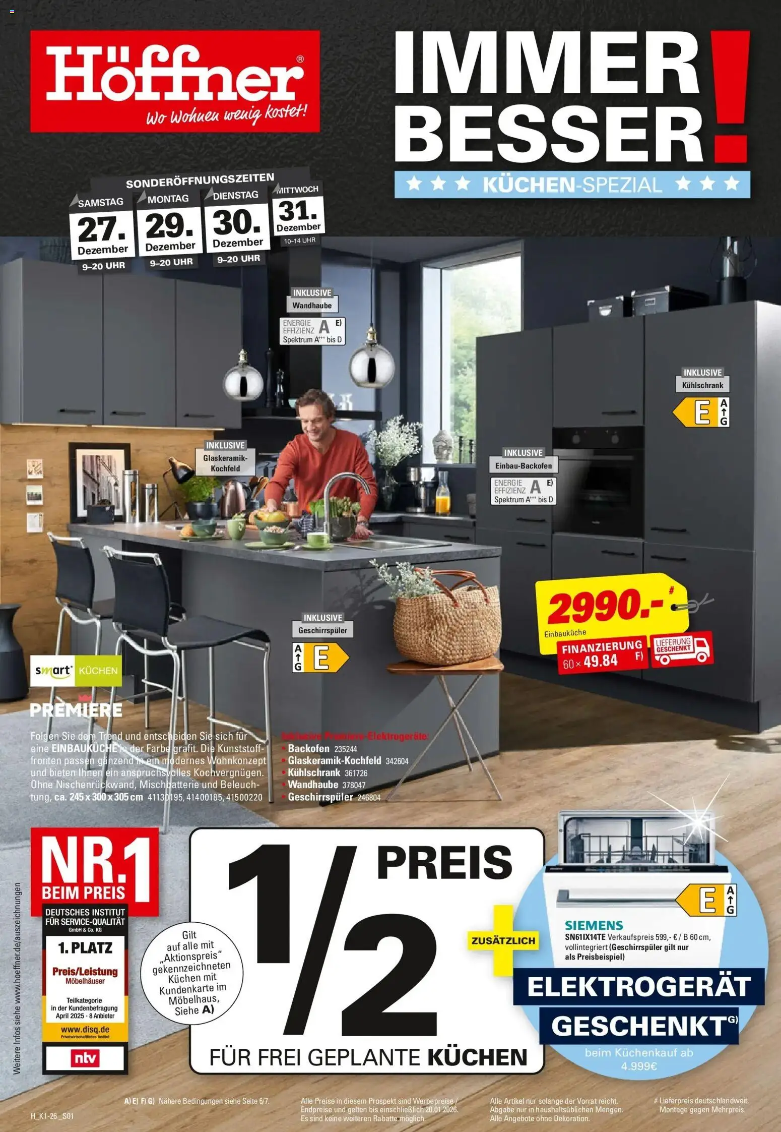Vorschau von dem Prospekt des Geschäftes Höffner, gültig ab dem 23.12.2025 - Uhr, Kühlschrank, Kuchen, Siemens, Geschirrspüler, Backofen, Einbauküche, Kochfeld