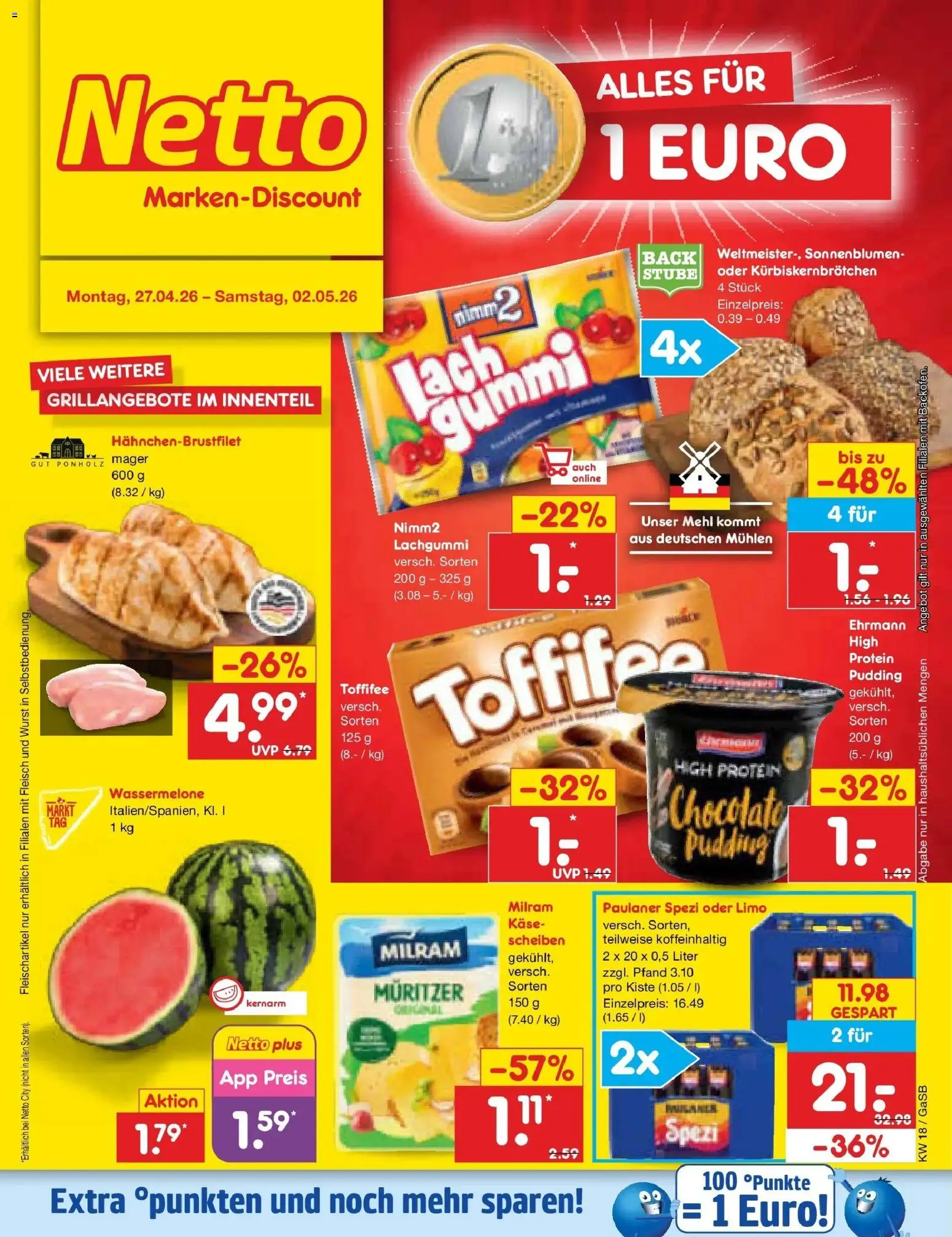 Vorschau von dem Prospekt des Geschäftes Netto Marken-Discount, gültig ab dem 27.04.2026 - Käse, Wurst, Toffifee, Wassermelone, Mehl, Paulaner, Pudding, Milram