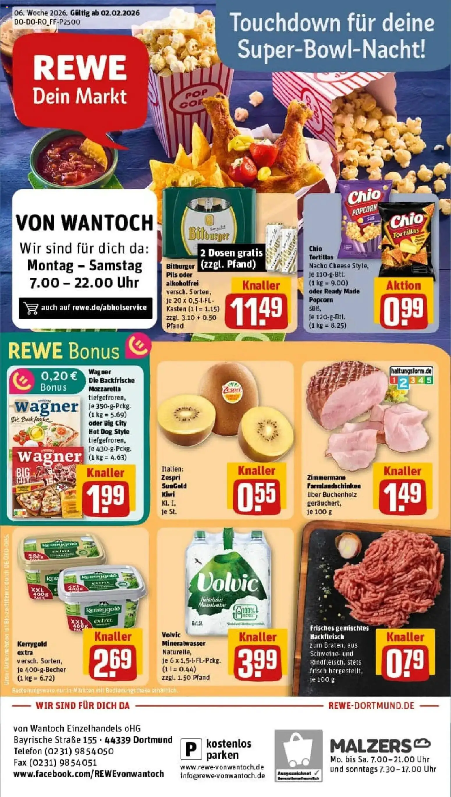 Vorschau von dem Prospekt des Geschäftes Rewe, gültig ab dem 02.02.2026 - Chips, Tortillas, Mineralwasser, Hackfleisch, Popcorn, Bitburger, Pils, Chio tortillas