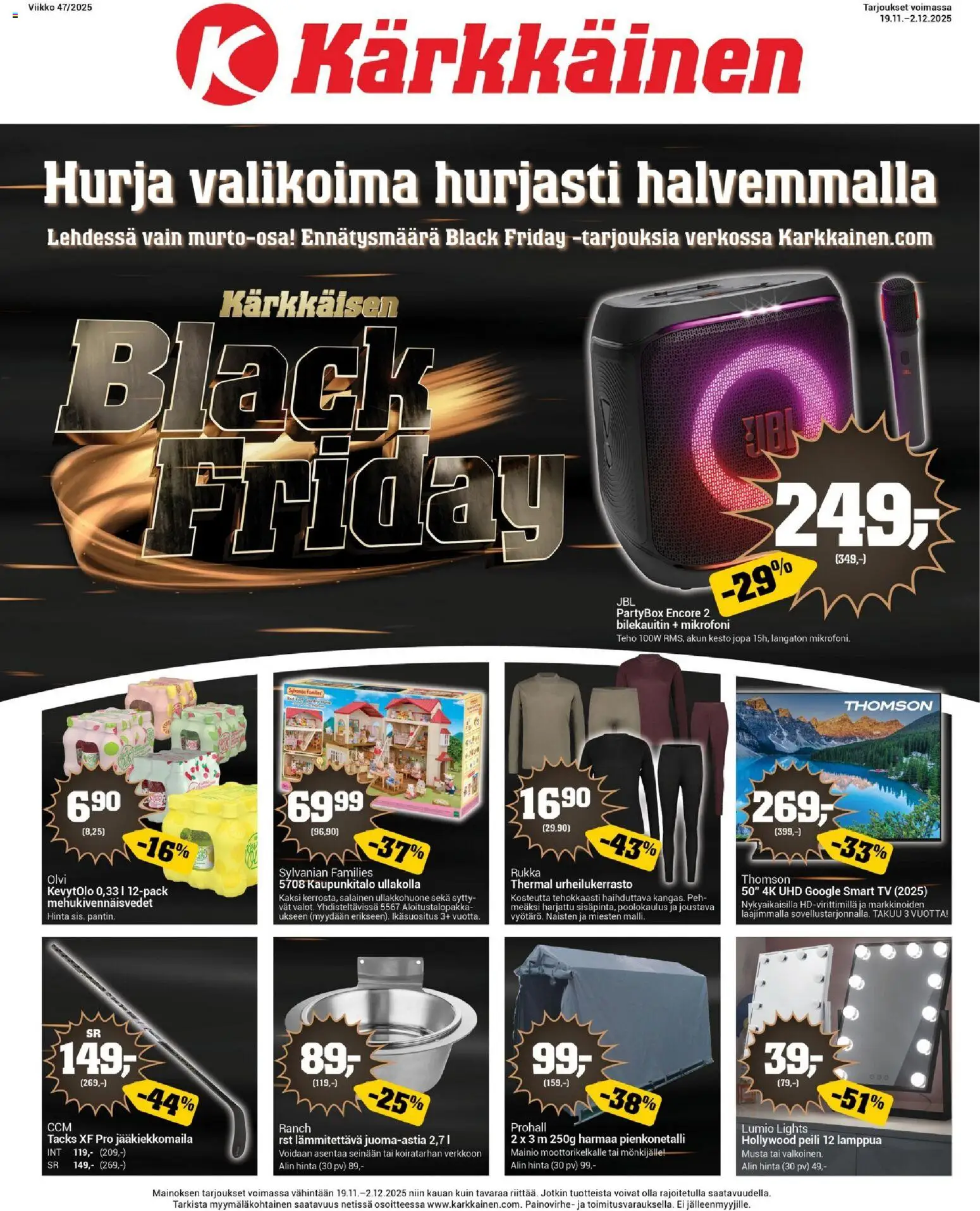 Kaupan Kärkkäinen Black Friday esikatselu, voimassa 19/11/2025 - TV, Peili, Jääkiekkomaila, Mikrofoni