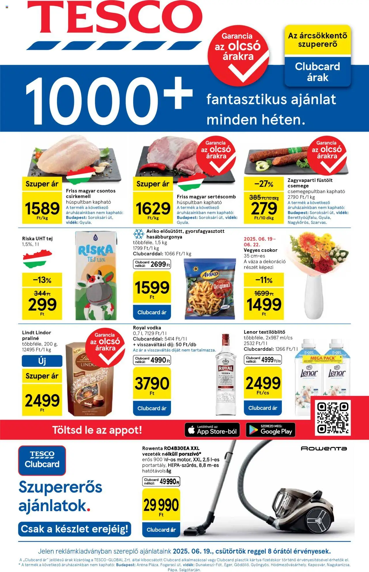 Tesco aktuális szórólap, érvényes 2025.06.19.-től - 1 oldal - Praliné, Sertéscomb, Dekoráció, Riska, Lindor, Gyorsfagyasztott, UHT tej, Lé