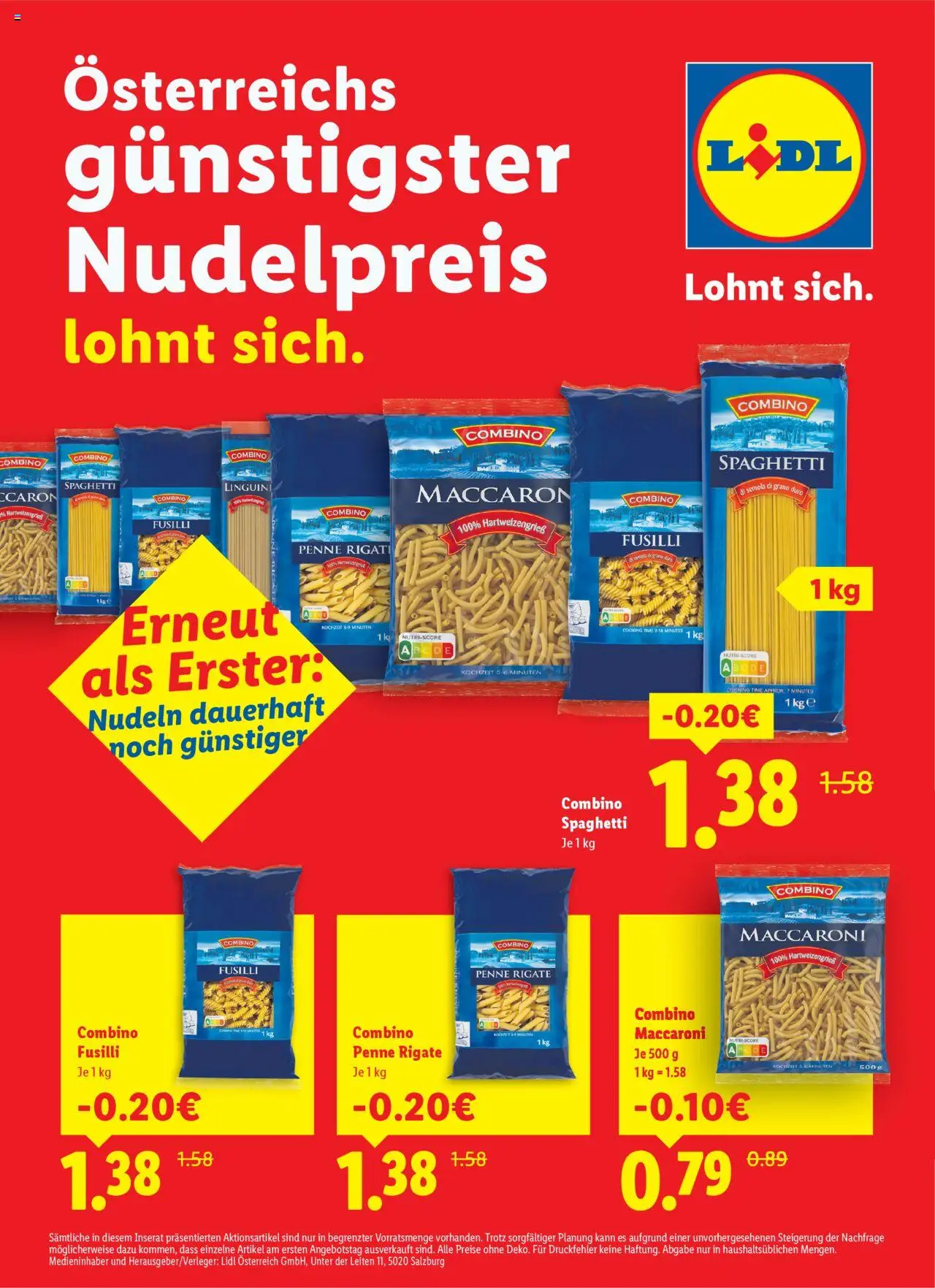  LIDL Flugblatt ab 04.10.2025 - Angebote "Österreichs günstigster Nudelpreis" - Seite 1