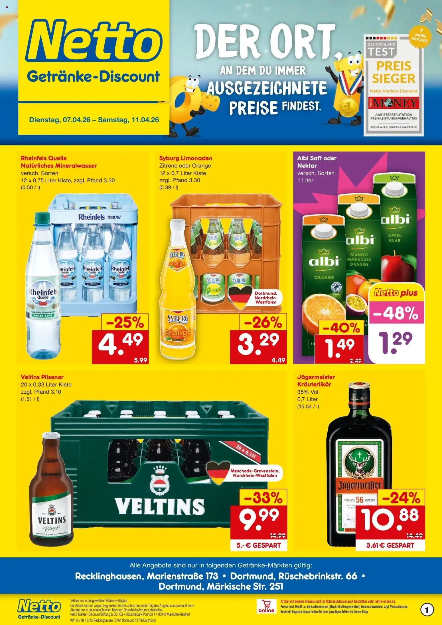 Vorschau von dem Prospekt des Geschäftes Netto Marken-Discount, gültig ab dem 07.04.2026 - Mango, Äpfel, Jägermeister, Mineralwasser, Zitrone, Veltins, Saft, Rheinfels quelle