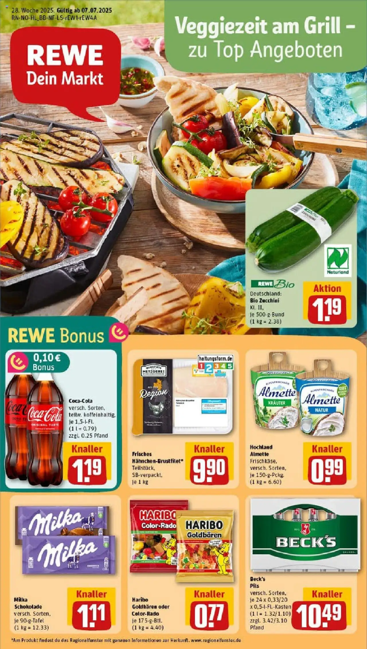 REWE Prospekt ab 06.07.2025 nächste Woche - Prospekt Geesthacht - Schokolade, Coca cola, Haribo, Zucchini, Grill, Cola, Top, Pils
