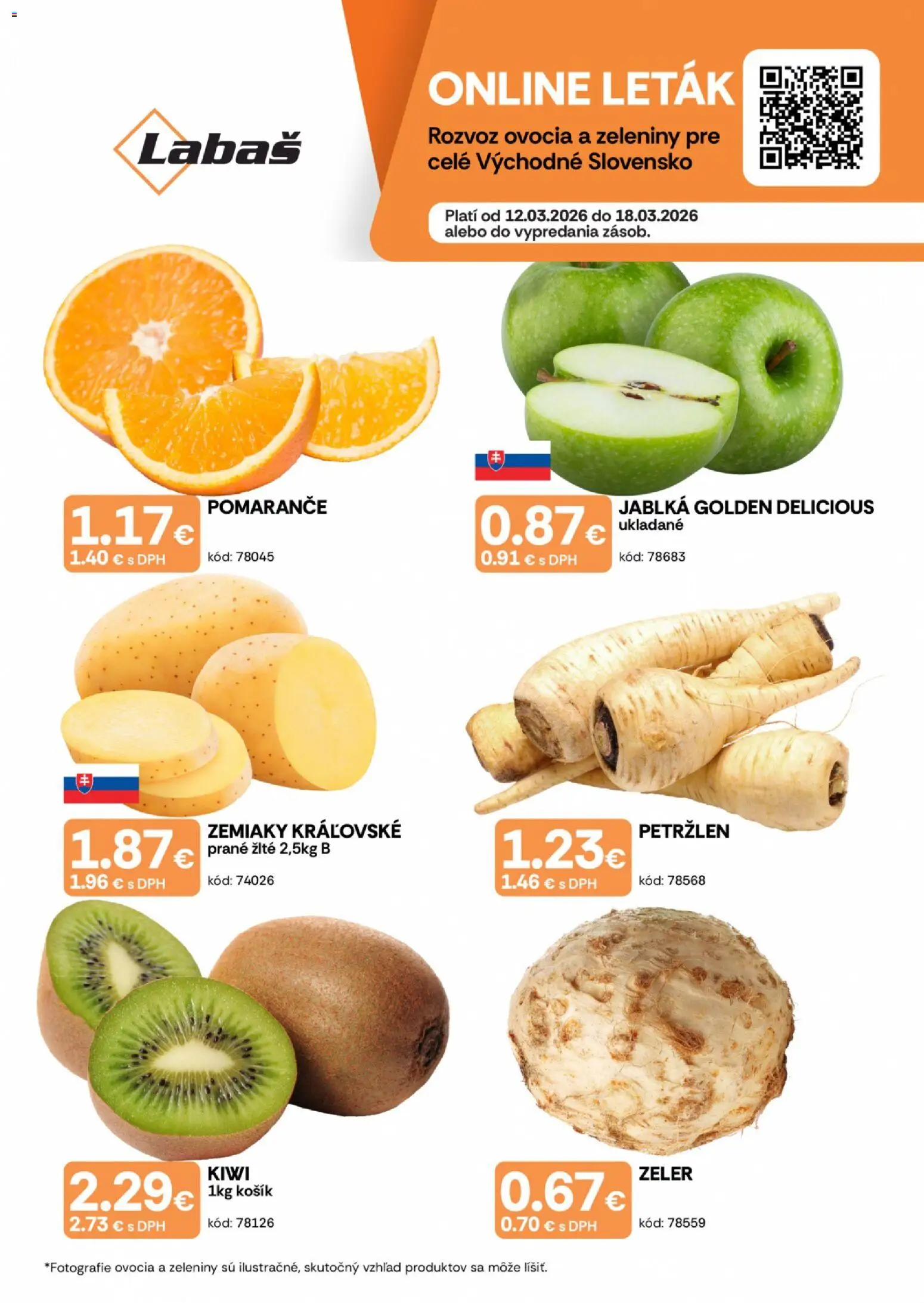 Náhľad Labaš letáku platného od 12.03.2026 - Kiwi, Zeler, Zemiaky, Petržlen, Jablká, Pomaranče