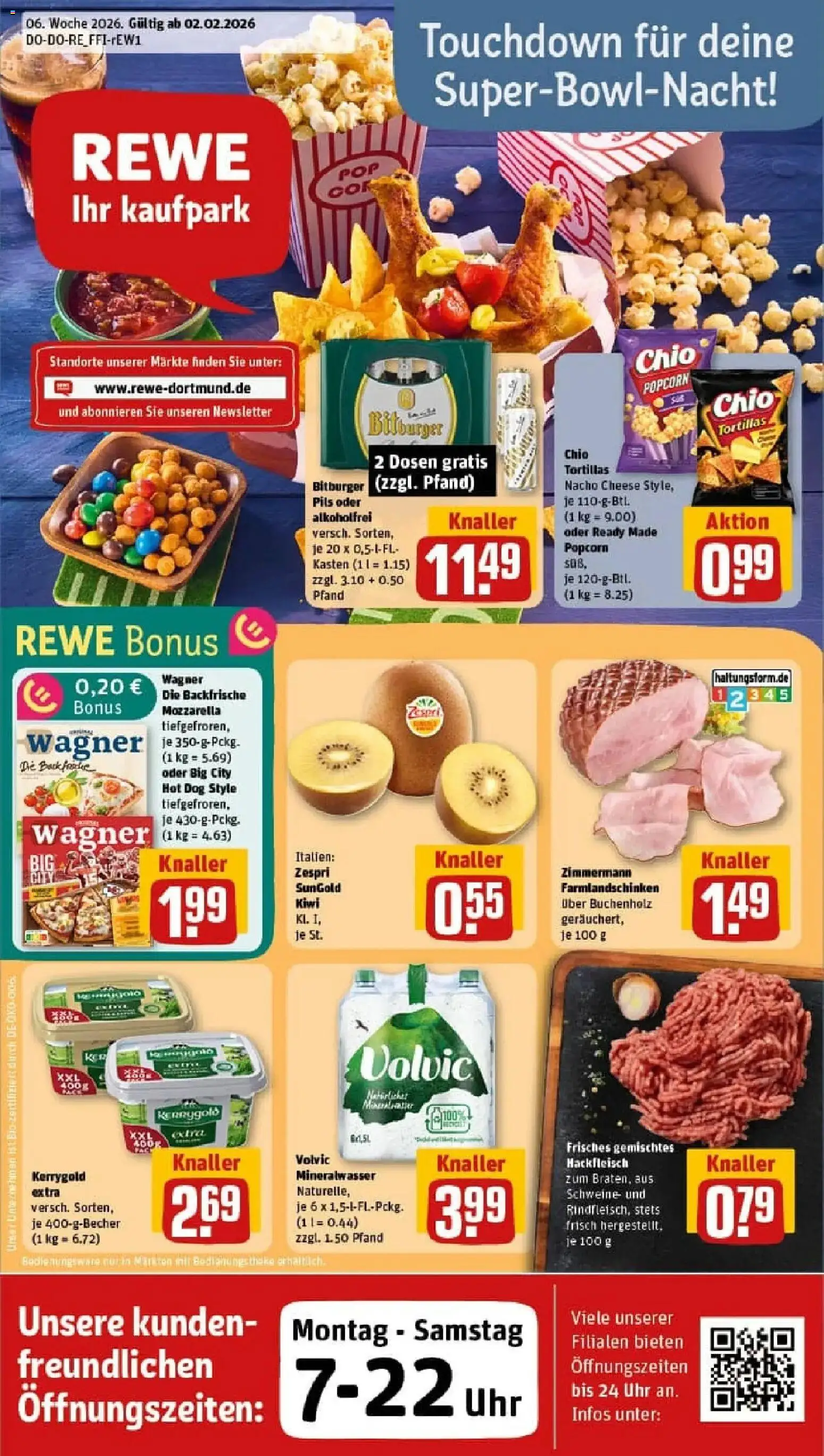 Vorschau von dem Prospekt des Geschäftes Rewe, gültig ab dem 02.02.2026 - Pizza, Chips, Butter, Mozzarella, Mineralwasser, Hackfleisch, Bitburger, Chio tortillas