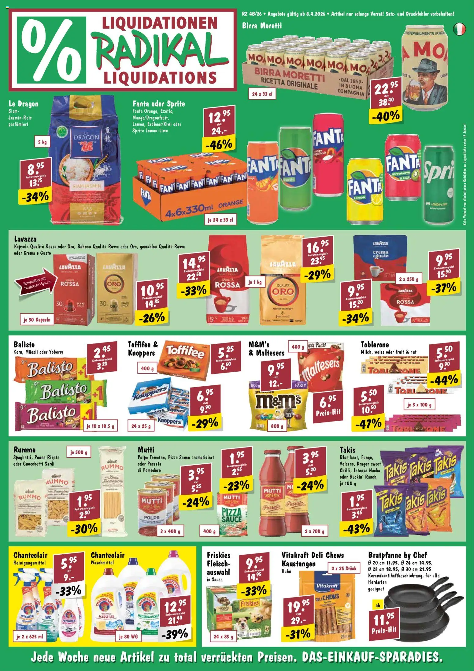 Vorschau des Merkblatts Radikal aktionen vom Shop Radikal gültig von 08.04.2026 bis 14.04.2026 - Pizza, Kiwi, Fanta, Sprite, Waschmittel, Reinigungsmittel, Jasminreis