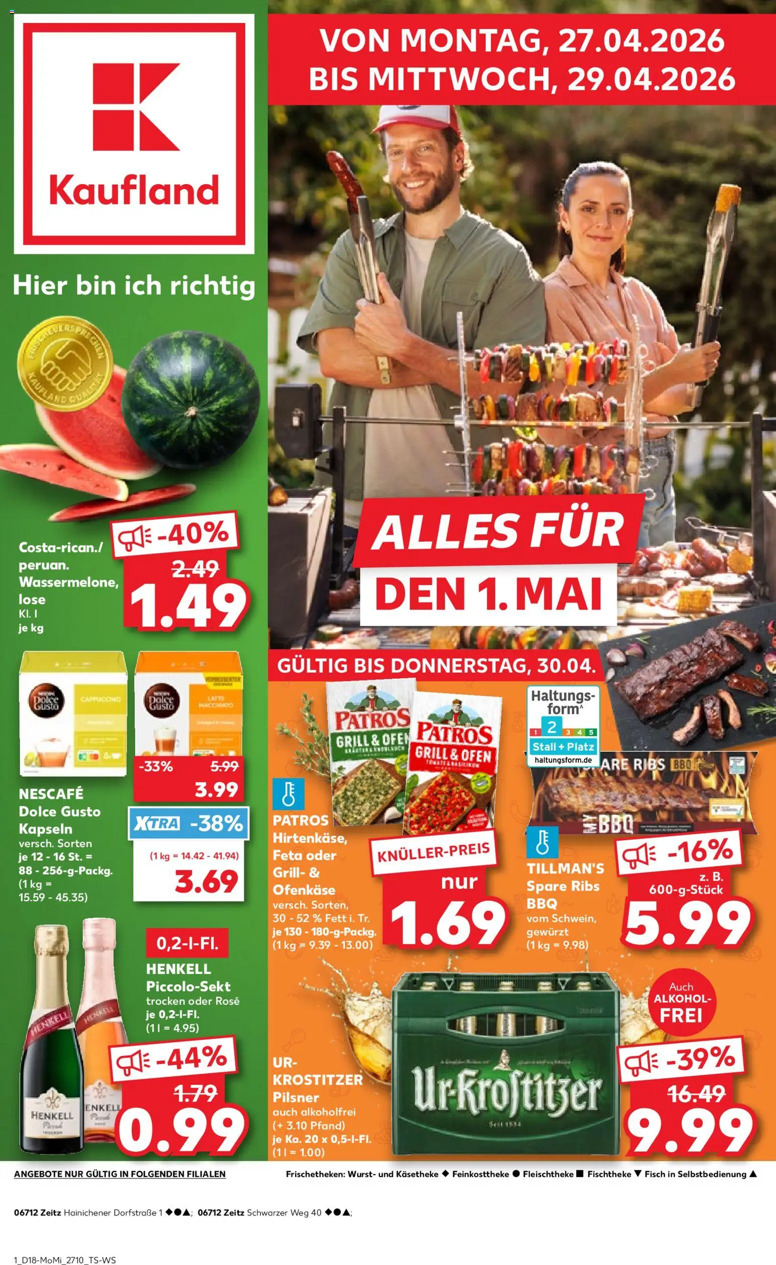 Vorschau von dem Prospekt des Geschäftes Kaufland, gültig ab dem 27.04.2026 - Wurst, Grill, Lampe, Spare ribs, Ofen, Feta, Dolce gusto, Dolce Gusto kapseln
