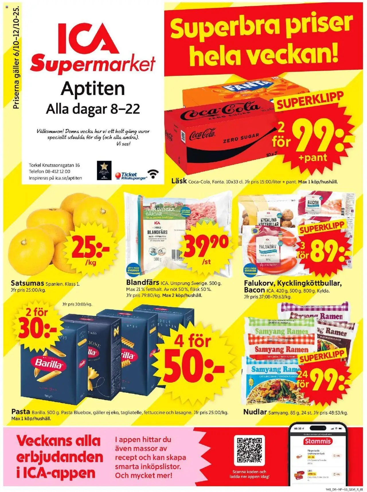 Stockholm är giltig 06/10 2025 > Veckans Erbjudanden gäller från 06/10/2025 till 12/10/2025 sidnummer 1 - Köttbullar, Telefon, Falukorv, Kött, Bacon, Galler, Fläsk, Kyckling