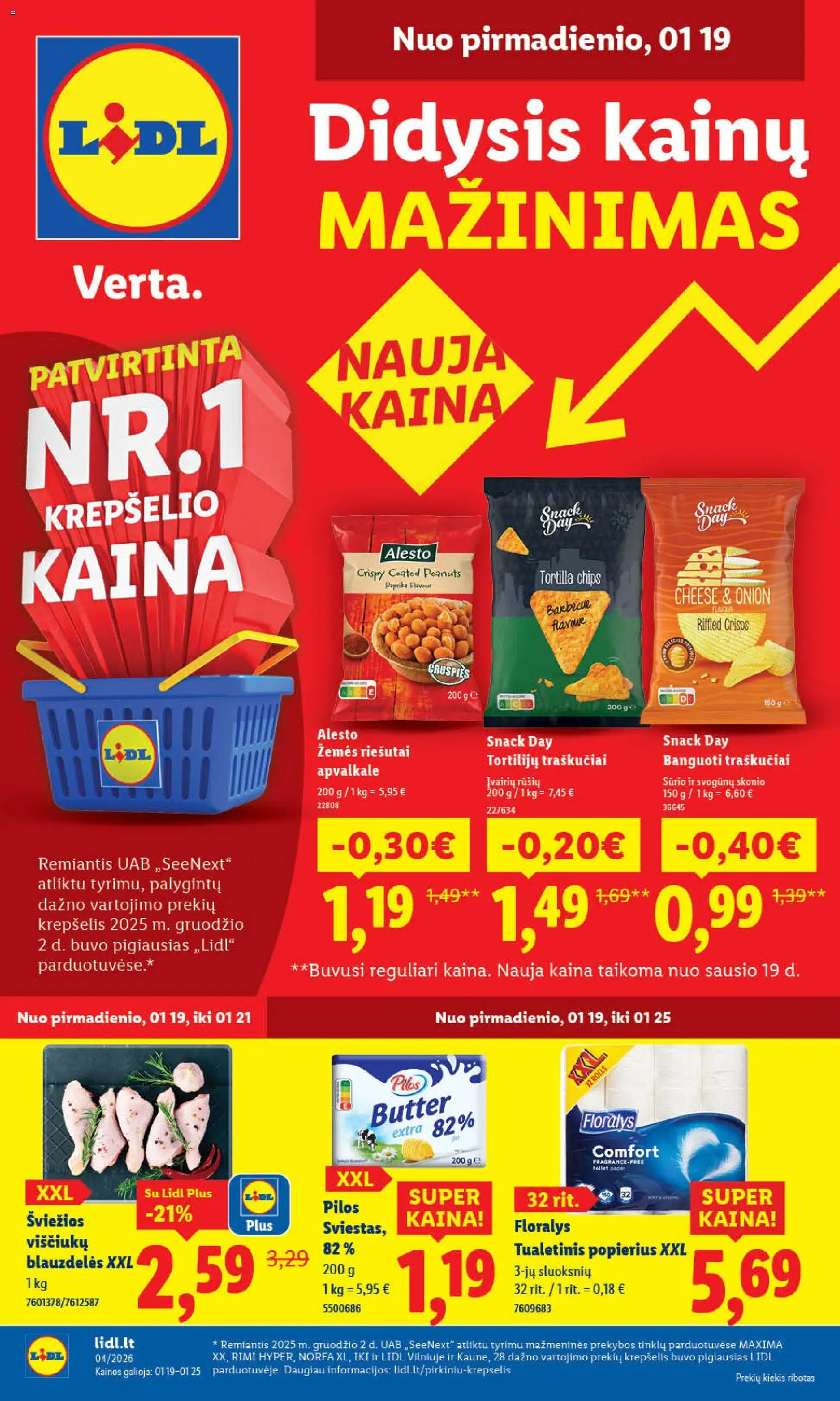 LIDL parduotuvės leidinio Leidinys galiojančio nuo 2026.01.19 peržiūra - Paprika, Riešutai, Tualetinis popierius, Krepšelis, Traškučiai