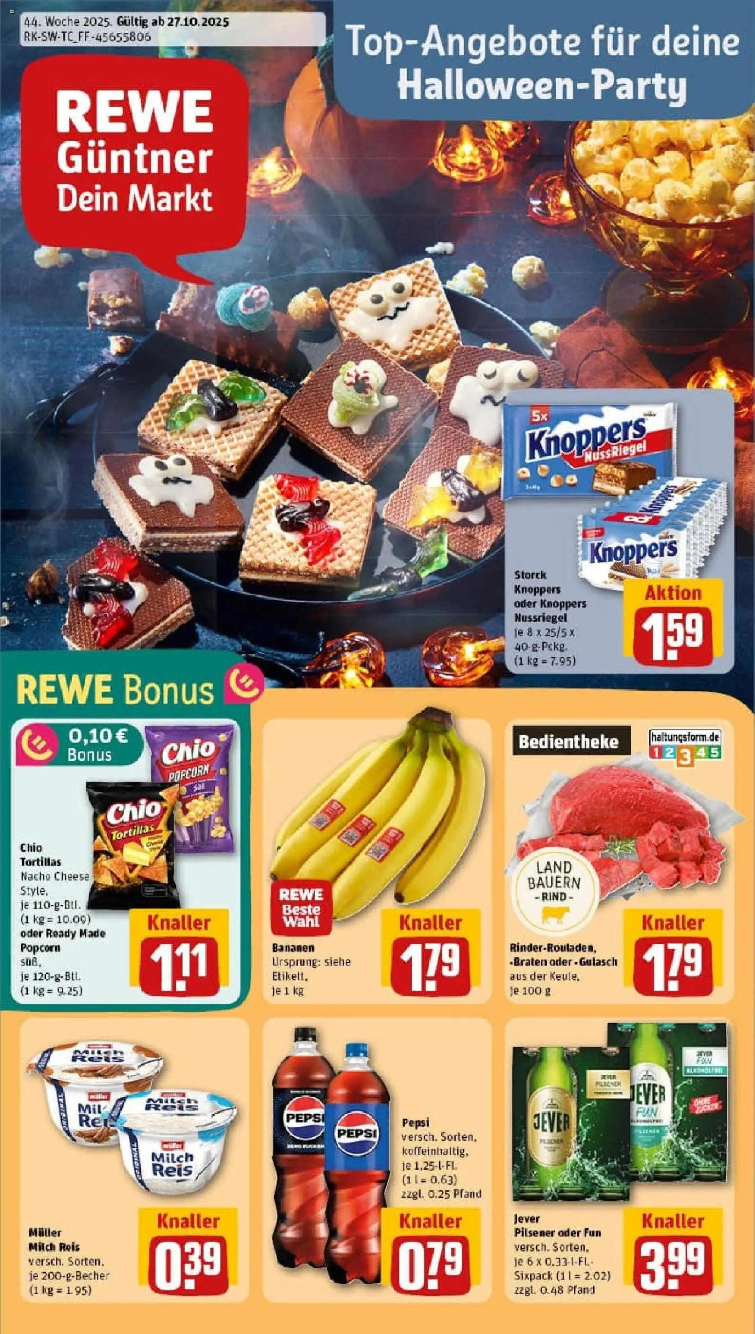 Vorschau von dem Prospekt des Geschäftes Rewe, gültig ab dem 26.10.2025 - Gulasch, Tortillas, Bananen, Milch, Reis, Popcorn, Pepsi, Chio tortillas