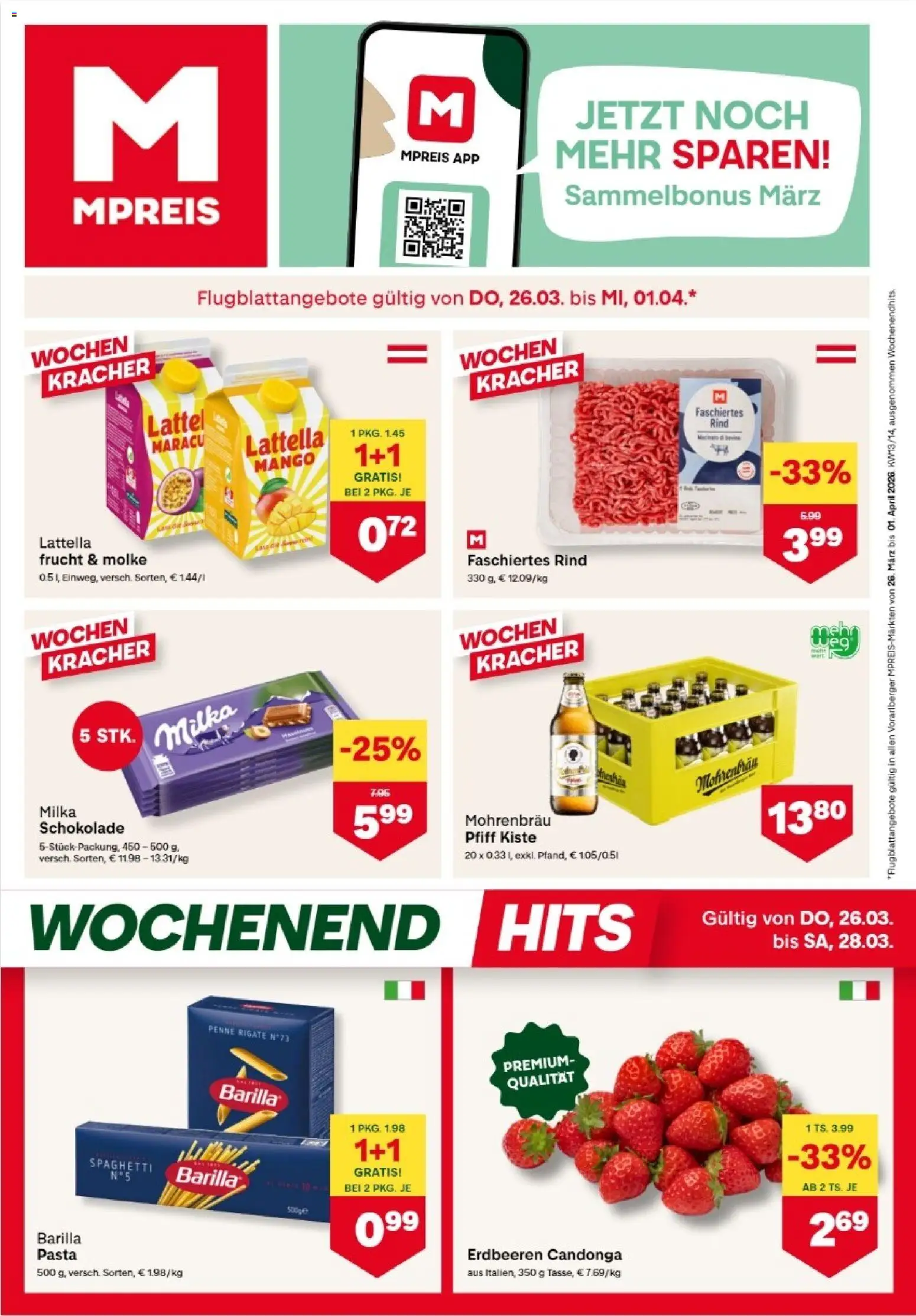 Vorschau der Angebote: MPREIS MPREIS Hohenems gültig ab 26.03.2026 - Mango, Pasta, Schokolade, Erdbeeren, Spaghetti, Barilla