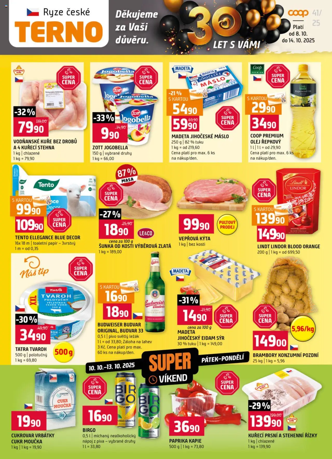 Náhled nabídky: Terno Leták platný od 08.10.2025 - Paprika, Lindt, Rýže, Kuře, Vepřová Kýta, Toaletní papír, Kýta, Cukr moučka