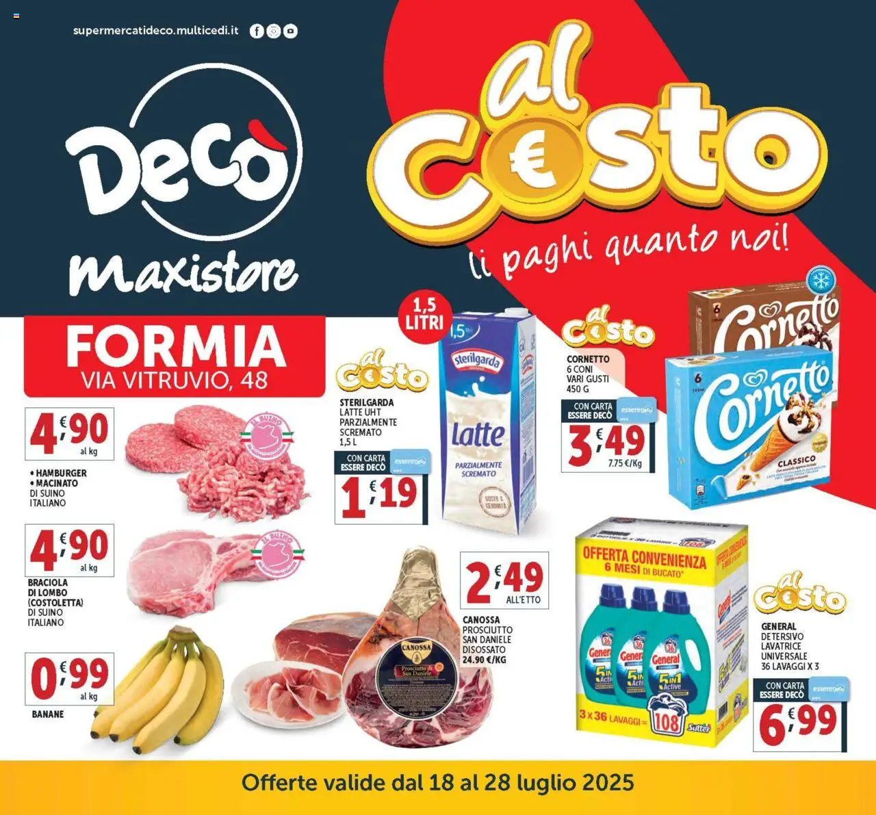 Volantino Decò valido da 18/07/2025 numero di pagina 1 - Banane, Cornetto, Suino, Latte, Prosciutto, Lavatrice, Hamburger, Macinato