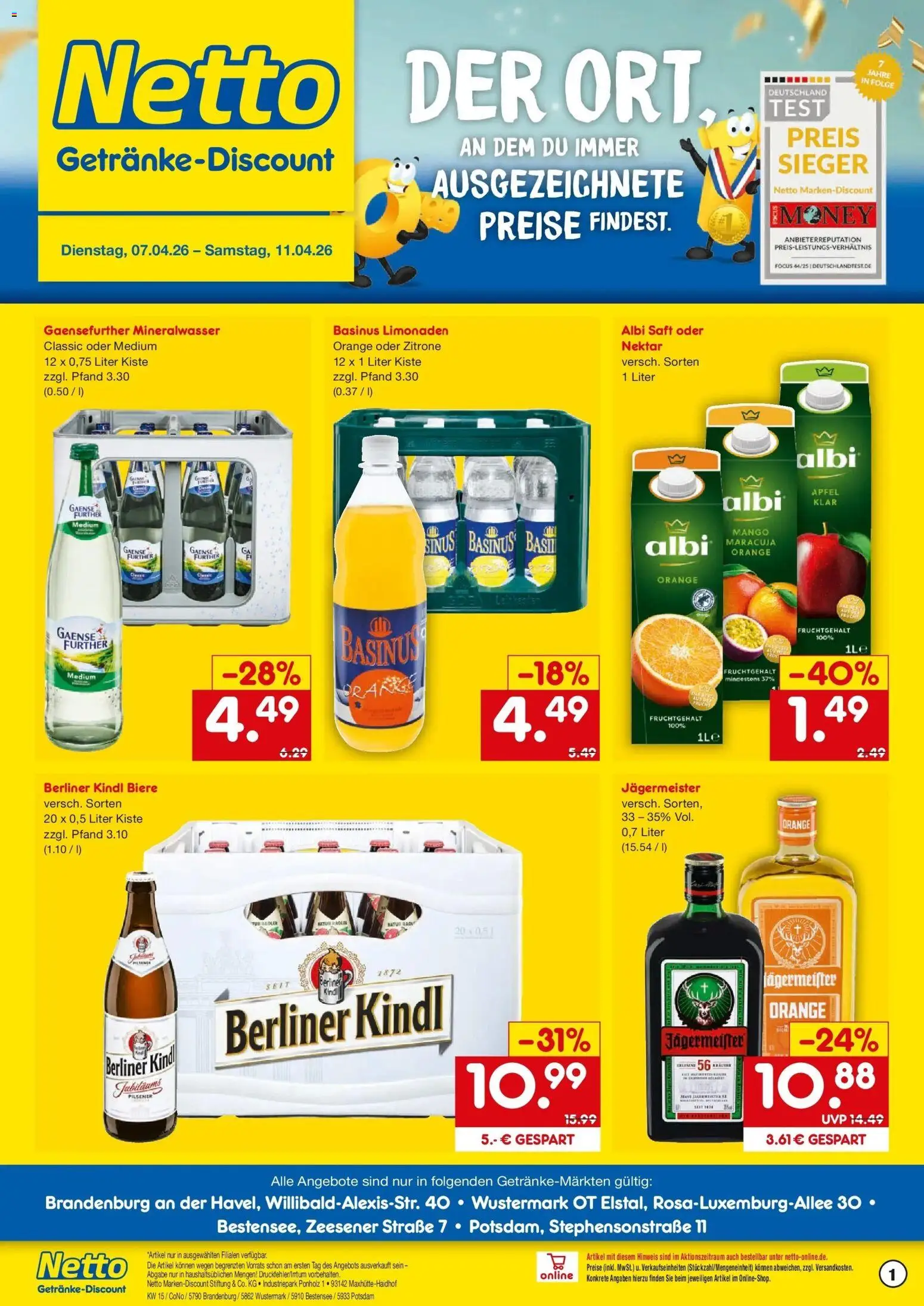Vorschau von dem Prospekt des Geschäftes Netto Marken-Discount, gültig ab dem 07.04.2026 - Mango, Äpfel, Jägermeister, Mineralwasser, Berliner, Zitrone, Saft