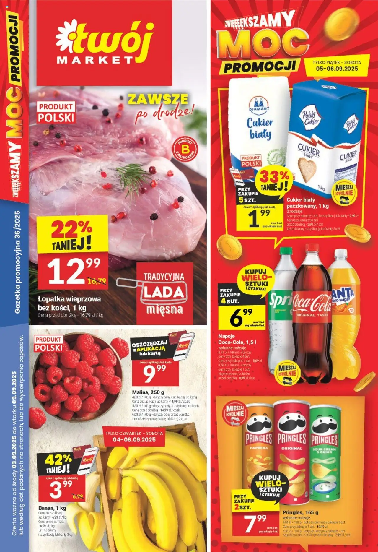 Twój Market Gazetka od 03.09.2025 - Nowa Gazetka - Numer strony 1 - Pringles, Cukier, Karta, Łopatka wieprzowa, Napoje, Cukier biały