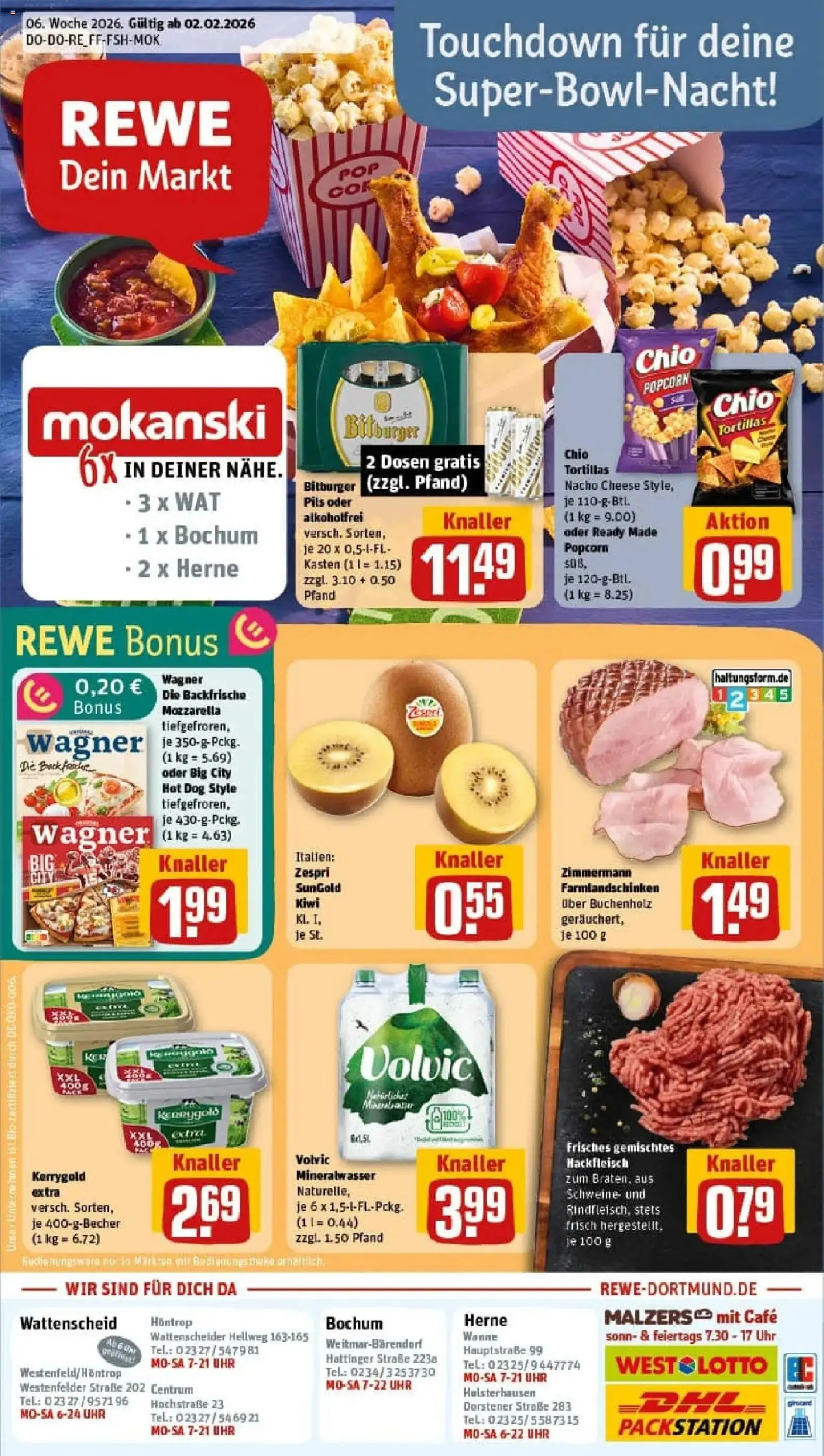 Vorschau von dem Prospekt des Geschäftes Rewe, gültig ab dem 02.02.2026 - Uhr, Butter, Kiwi, Mineralwasser, Hackfleisch, Bitburger, Pils, Chio tortillas