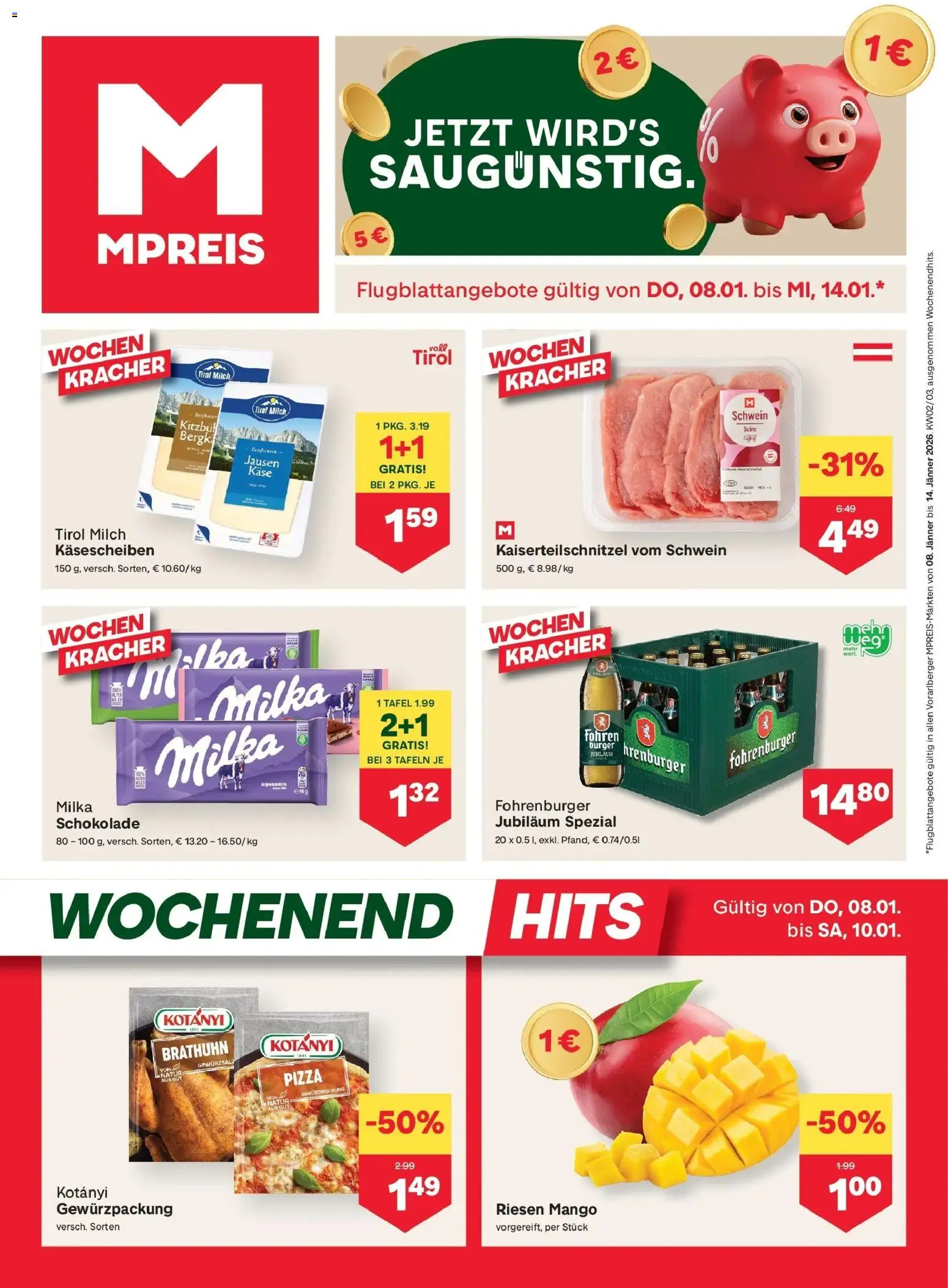 Vorschau der Angebote: MPREIS St.Gallenkirch gültig ab 08.01.2026 - Pizza, Mango, Burger, Schokolade, Milch, Käse