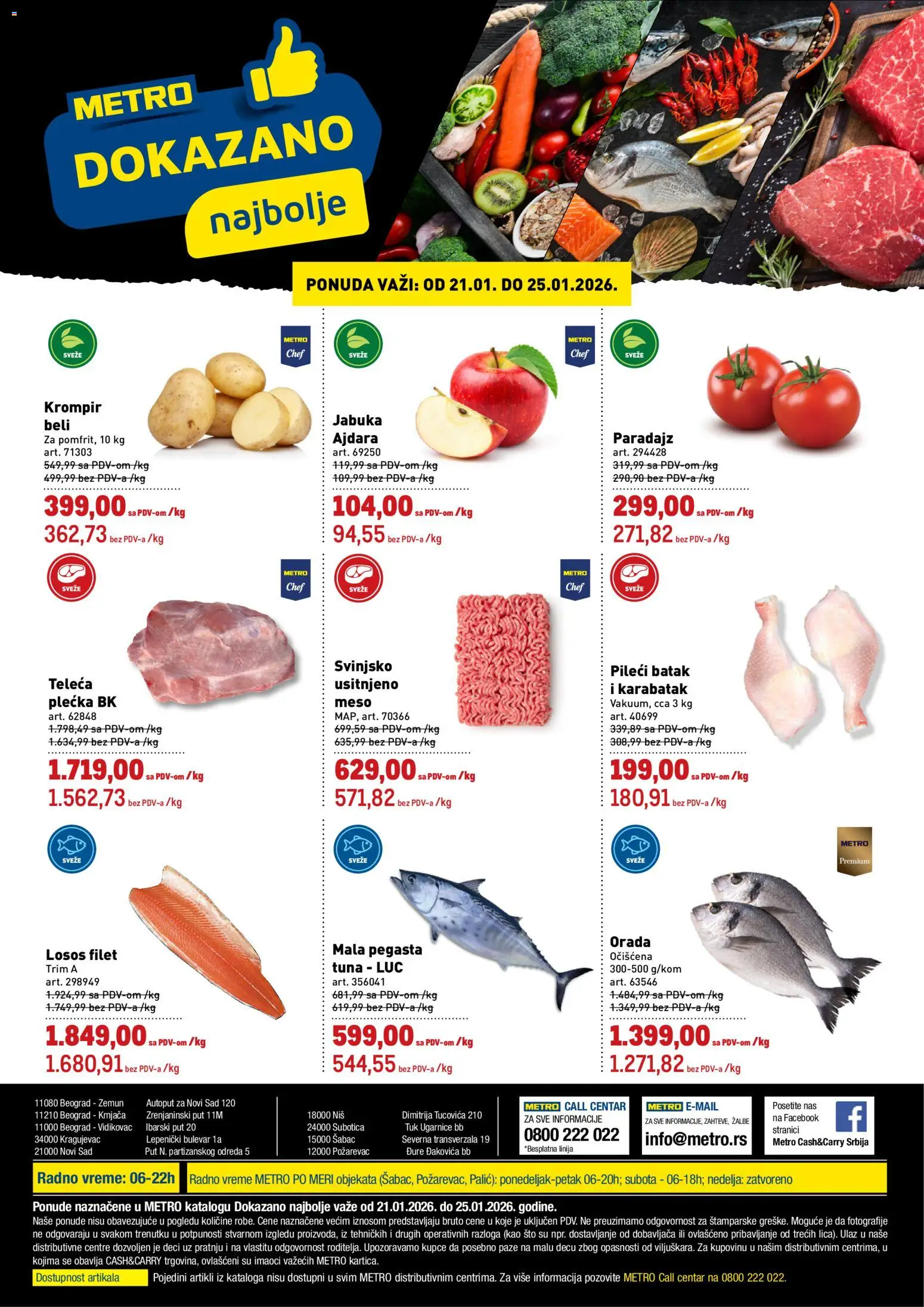 Pregled Metro kataloga - važi od 21.01.2026 - Losos, Paradajz, Orada, Krompir, Tuna, Meso, Pileći batak, Filet