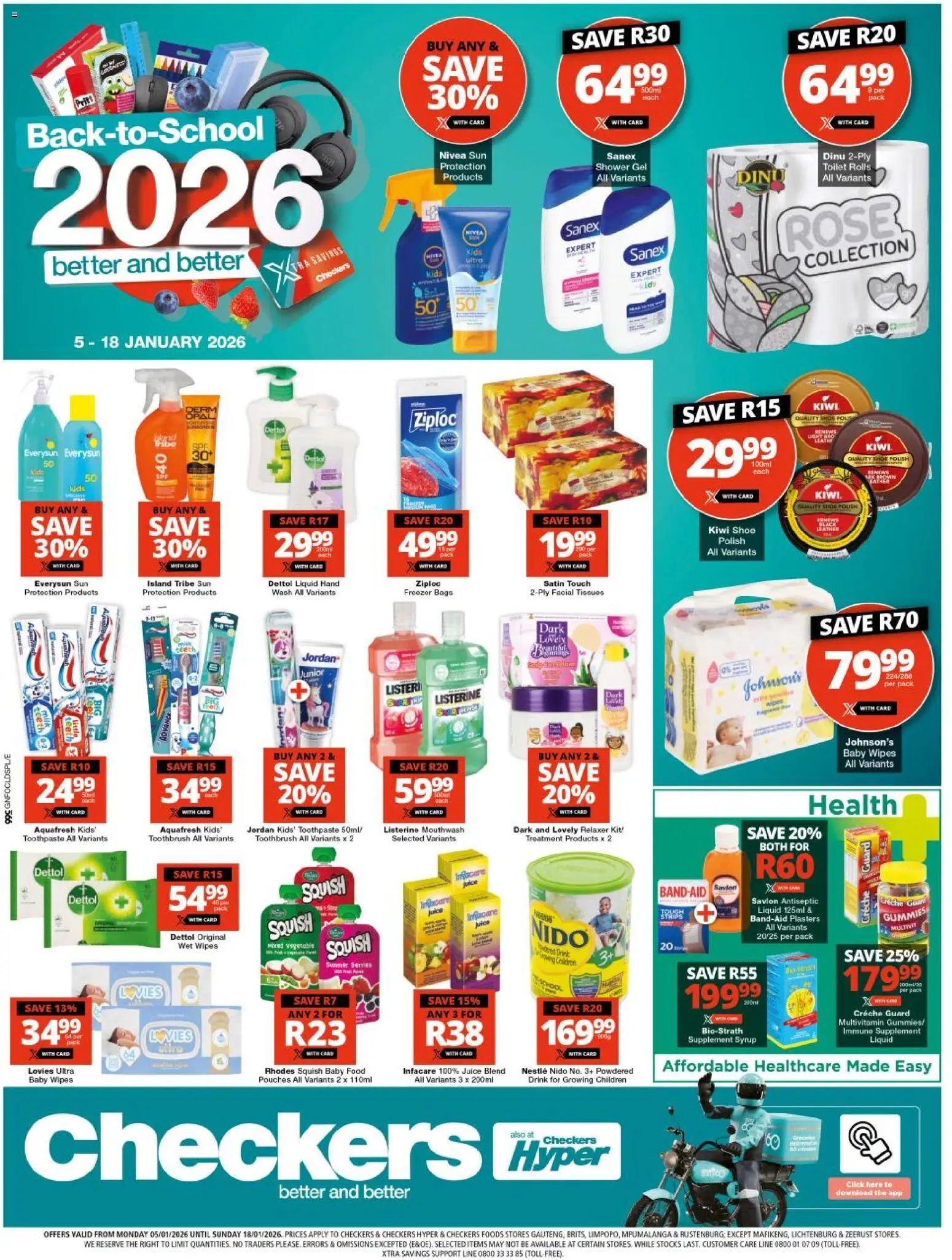 Preview of Checkers flyer valid from 05/01/2026 - Milk, Juice, Freezer, Kiwi, Mouthwash, Tissues, Syrup, Freezer bags