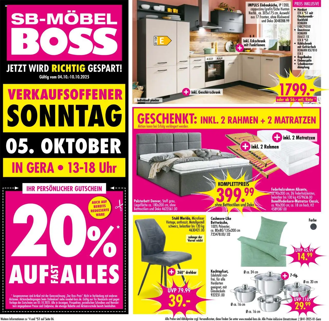 SB Möbel Boss Prospekt Gera (vom 04.10.2025 - 10.10.2025) - Uhr, Kühlschrank, Stuhl, Polsterbett, Kochfeld