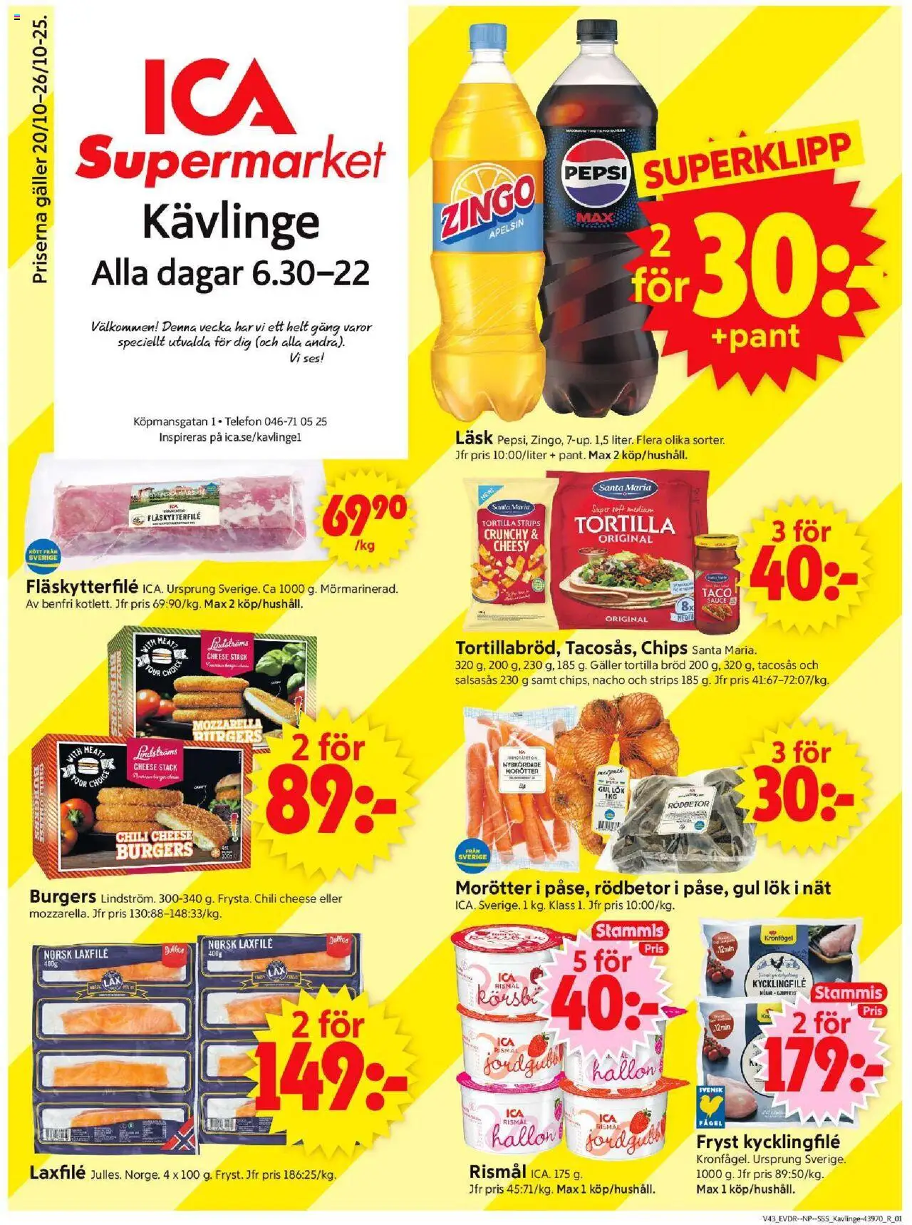 Kävlinge är giltig 20/10 2025 > Veckans Erbjudanden gäller från 20/10/2025 till 26/10/2025 sidnummer 1 - Telefon, Chili, Kycklingfile, Tortilla, Apelsin, Tacosås, Gul lök, Fläskytterfilé