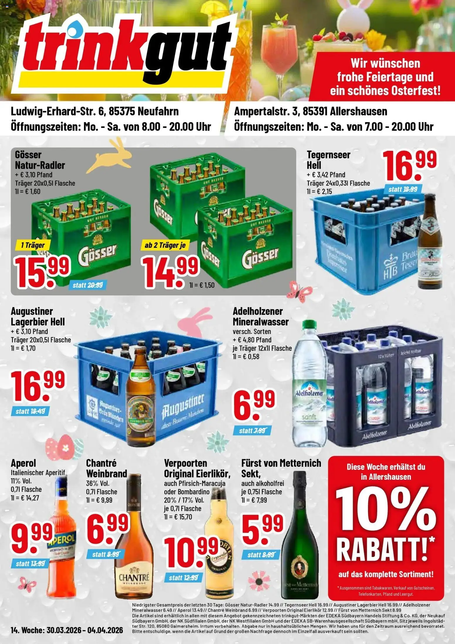 Vorschau von dem Prospekt des Geschäftes Trinkgut, gültig ab dem 30.03.2026 - Uhr, Aperol, Mineralwasser, Sekt, Adelholzener, Chantré, Furst von metternich