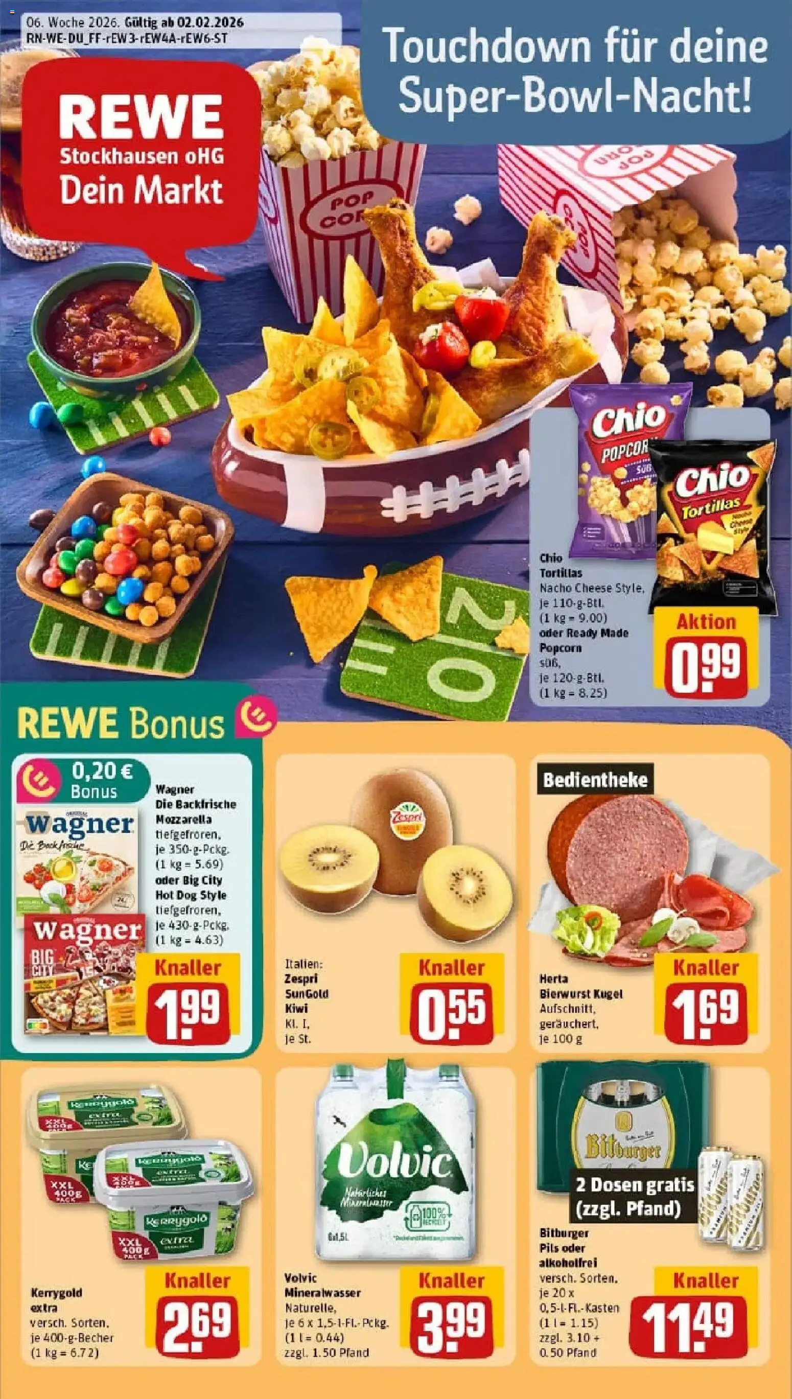 Vorschau von dem Prospekt des Geschäftes Rewe, gültig ab dem 02.02.2026 - Pizza, Kiwi, Tortillas, Mozzarella, Mineralwasser, Bitburger, Volvic, Pils