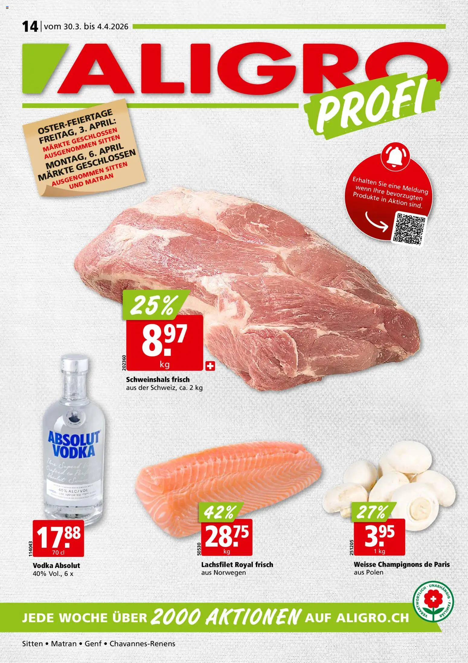 Vorschau des Merkblatts Aligro aktionen Chavannes, Matran, Genf, Sitten vom Shop Aligro gültig von 30.03.2026 bis 04.04.2026 - Champignons