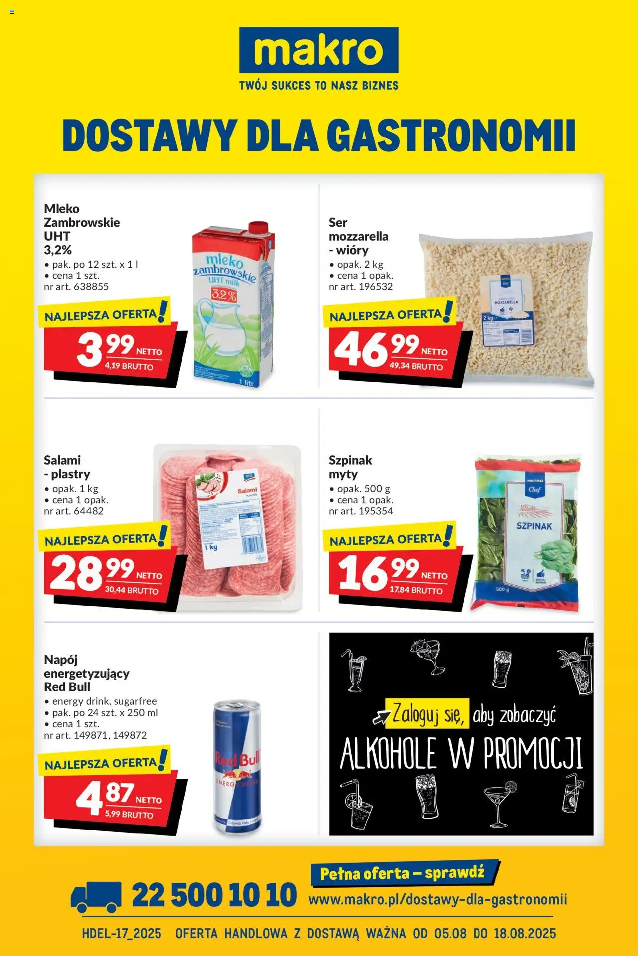 Makro Dostawy dla gastronomii od 05.08.2025 - Nowa Gazetka - Numer strony 1 - Alkohole, Red bull, Mleko, Mozzarella, Szpinak, Salami