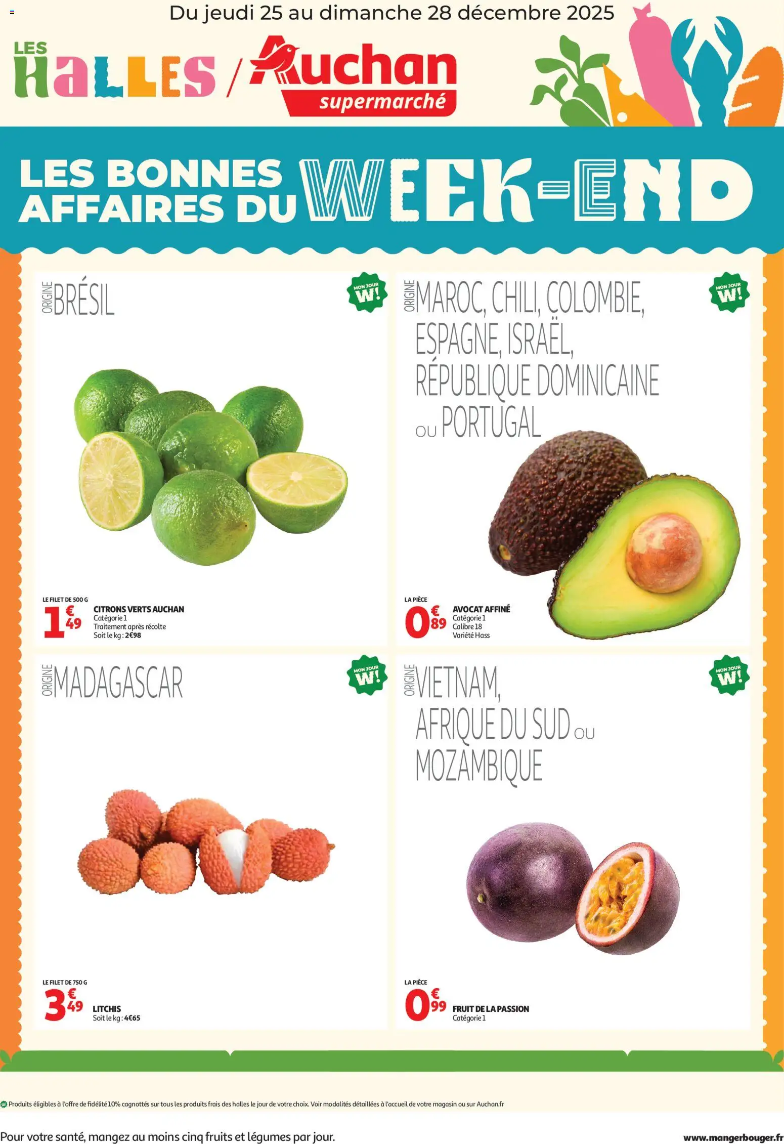 Prévisualisation de Les bons plans du week-end dans votre super ! du magasin Auchan formulaire valide 25/12/2025 - Avocat, Fruits, Fruit de la passion, Litchis, Citrons, Citrons verts