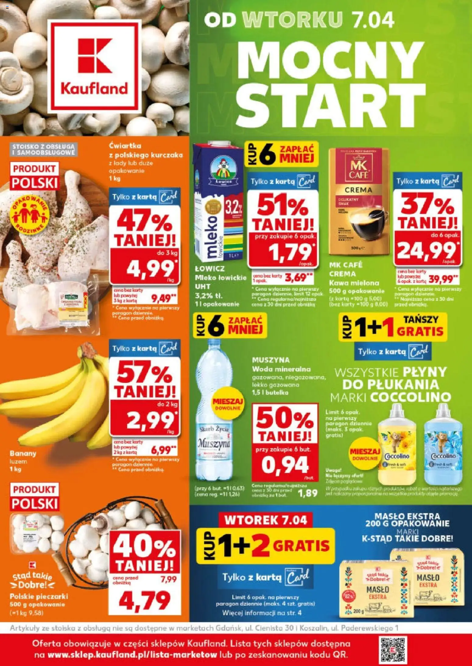 Pogląd gazetki "Kaufland gazetka - Mocny start" ze sklepu Kaufland ważnej od 07.04.2026 - Masło, Mleko, Pieczarki, Coccolino, Banany, Woda mineralna, Muszyna Woda, Coccolino 1
