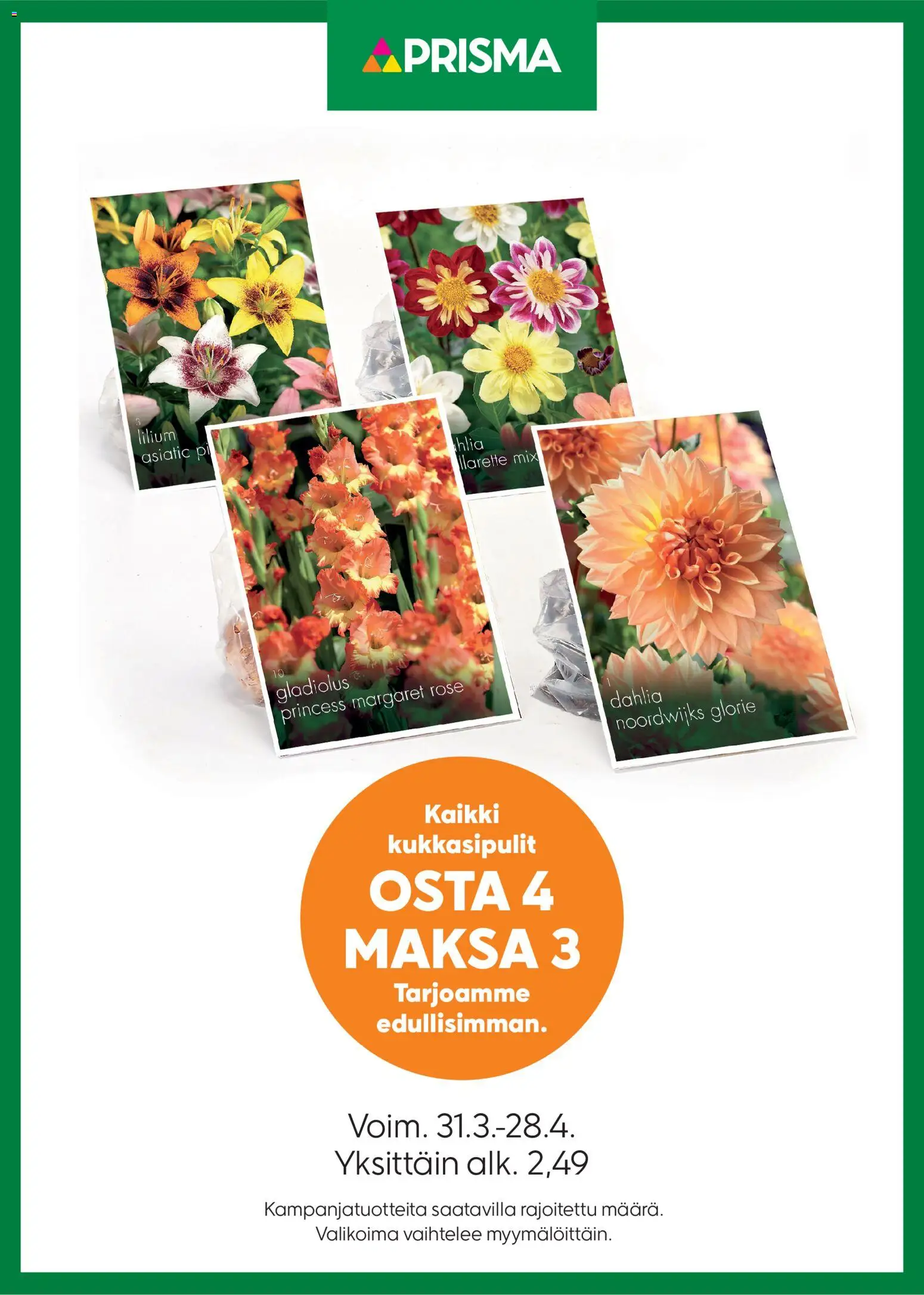 Kaupan Prisma Prisma tarjoukset kukkasipulit esikatselu, voimassa 31/03/2026