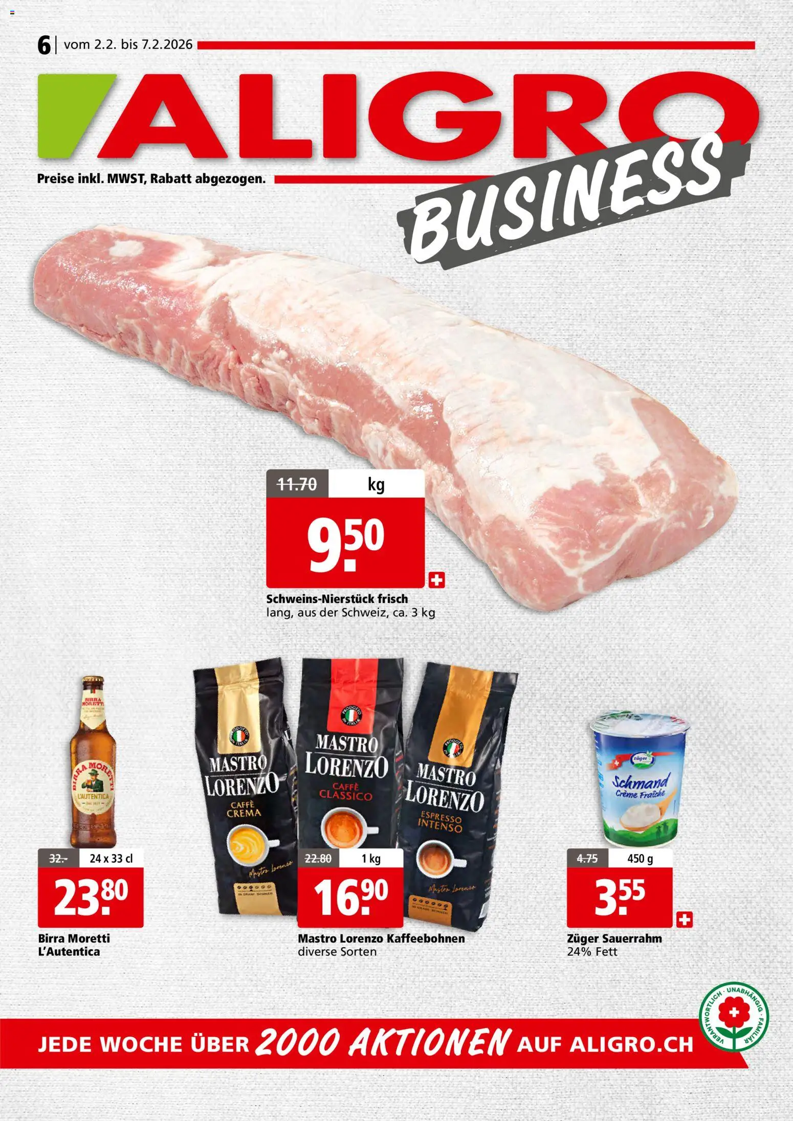 Vorschau des Merkblatts Aktionen Business Schlieren, Gossau SG, Frauenfeld, Rapperswil-Jona, Sargans, Bern, Brüttisellen, Pratteln, Emmen, Spreitenbach vom Shop Aligro gültig von 02.02.2026 bis 07.02.2026