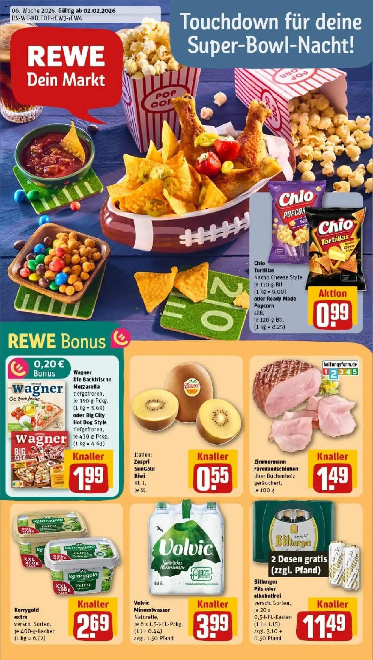Vorschau von dem Prospekt des Geschäftes Rewe, gültig ab dem 02.02.2026 - Pizza, Butter, Kiwi, Mineralwasser, Popcorn, Volvic, Pils, Chio tortillas