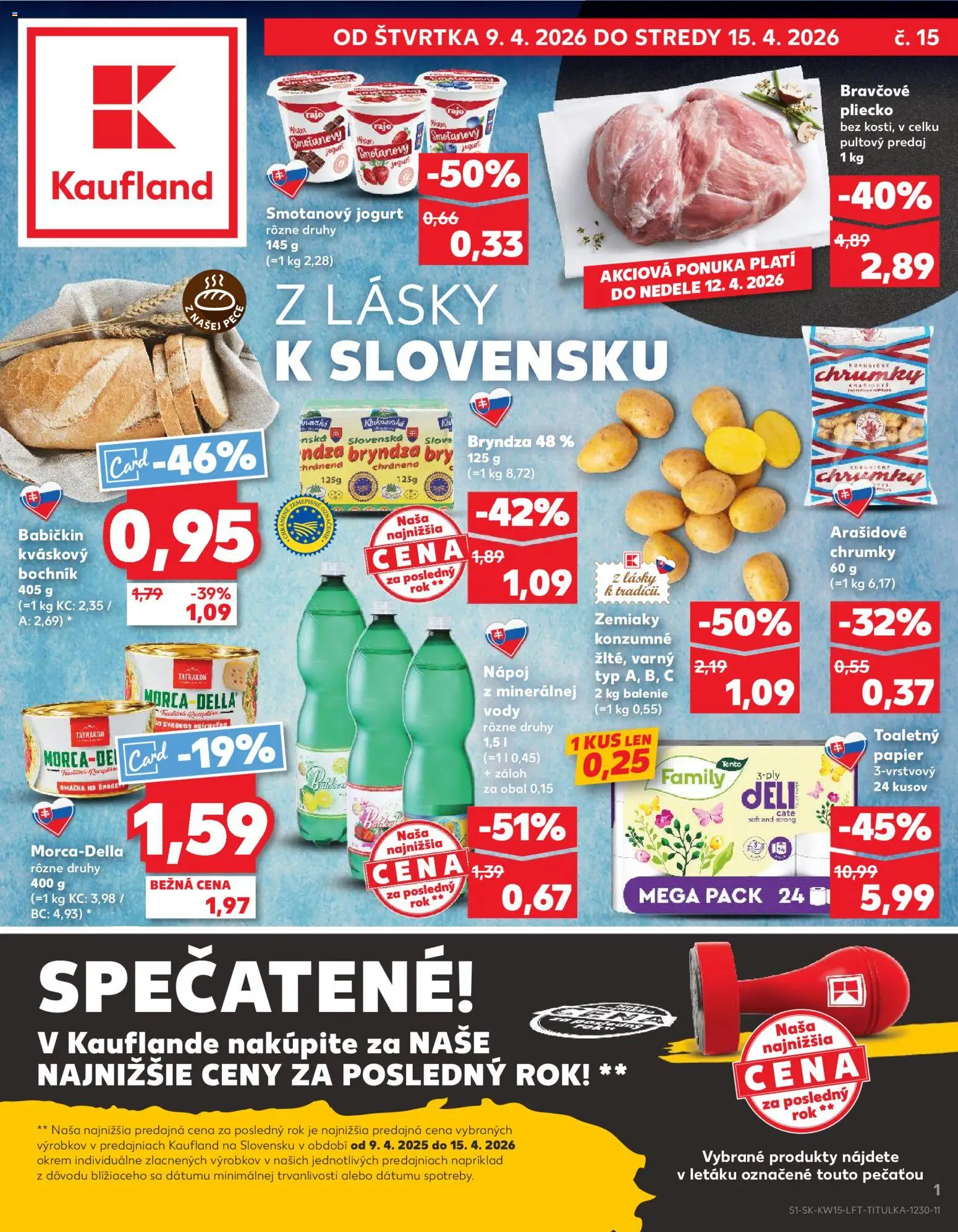 Náhľad Kaufland letáku platného od 09.04.2026 - Bryndza, Toaletný papier, Zemiaky, Jogurt, Omáčka, Bravčové pliecko, Smotanový jogurt