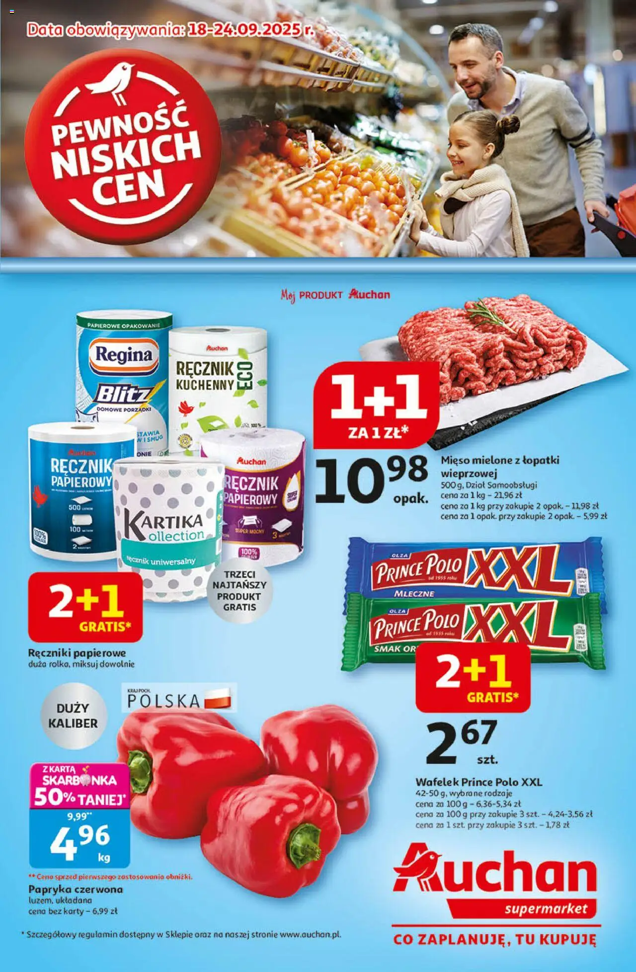 Auchan Gazetka od 18.09.2025 - Nowa Gazetka - Numer strony 1 - Mięso, Prince polo, Karta, Mięso mielone, Wafelek, Ręczniki papierowe, Papryka czerwona, Prince polo xxl