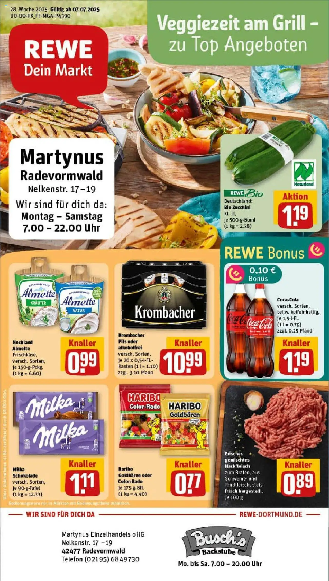 REWE Prospekt ab 06.07.2025 nächste Woche - Prospekt Radevormwald - Uhr, Schokolade, Haribo, Grill, Cola, Milka schokolade, Hackfleisch, Theke