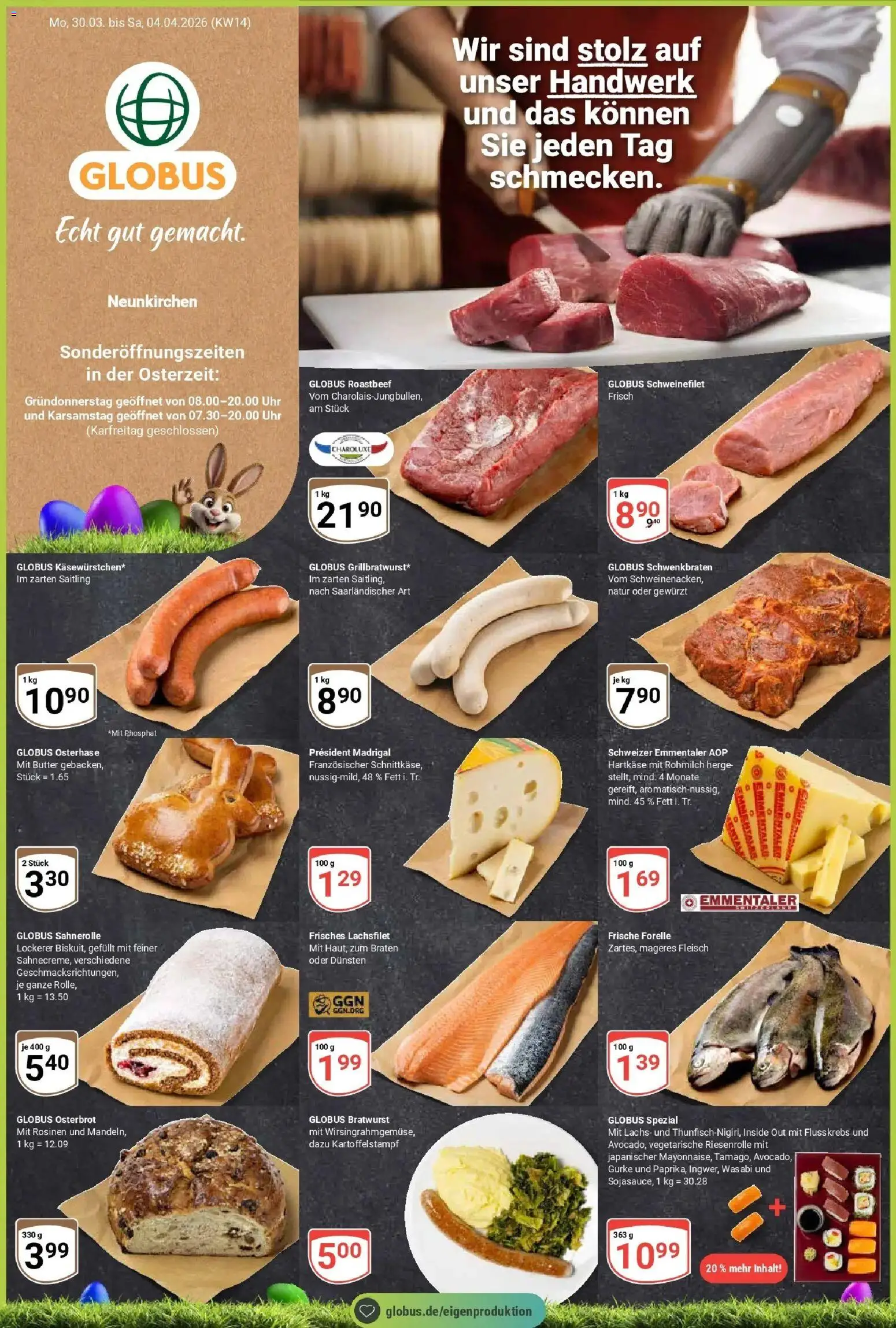 Vorschau von dem Prospekt des Geschäftes Globus, gültig ab dem 30.03.2026 - Uhr, Butter, Bratwurst, Lachs, Roastbeef, Fleisch, Schweinefilet, Rosinen