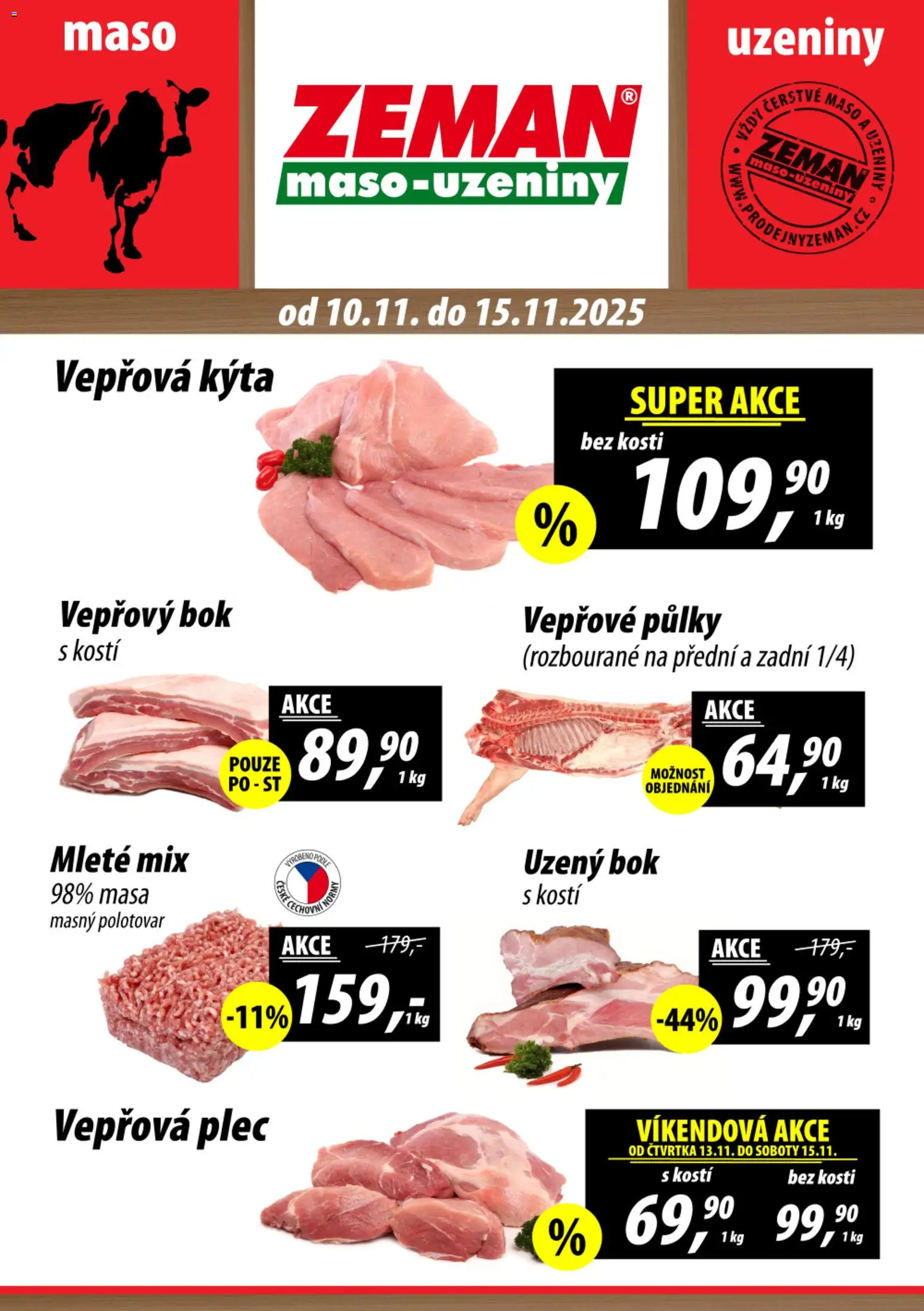 Náhled nabídky: Prodejny Zeman Leták platný od 10.11.2025 - Maso, Vepřová plec, Vepřová Kýta, Kýta, Vepřový bok, Uzeniny, Vepřové půlky