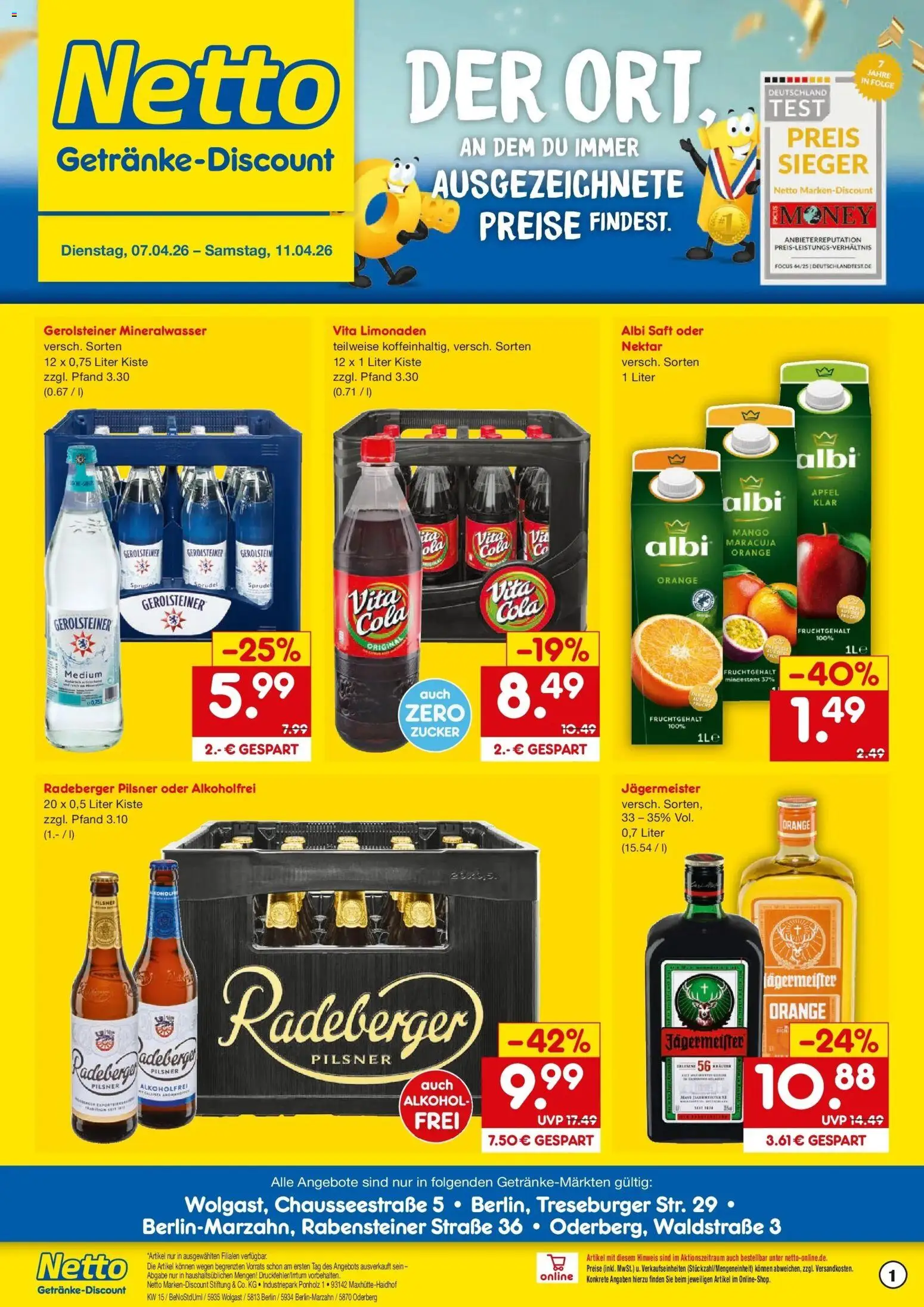 Vorschau von dem Prospekt des Geschäftes Netto Marken-Discount, gültig ab dem 07.04.2026 - Mango, Cola, Mineralwasser, Alkohol, Gerolsteiner, Zucker, Saft, Radeberger pilsner