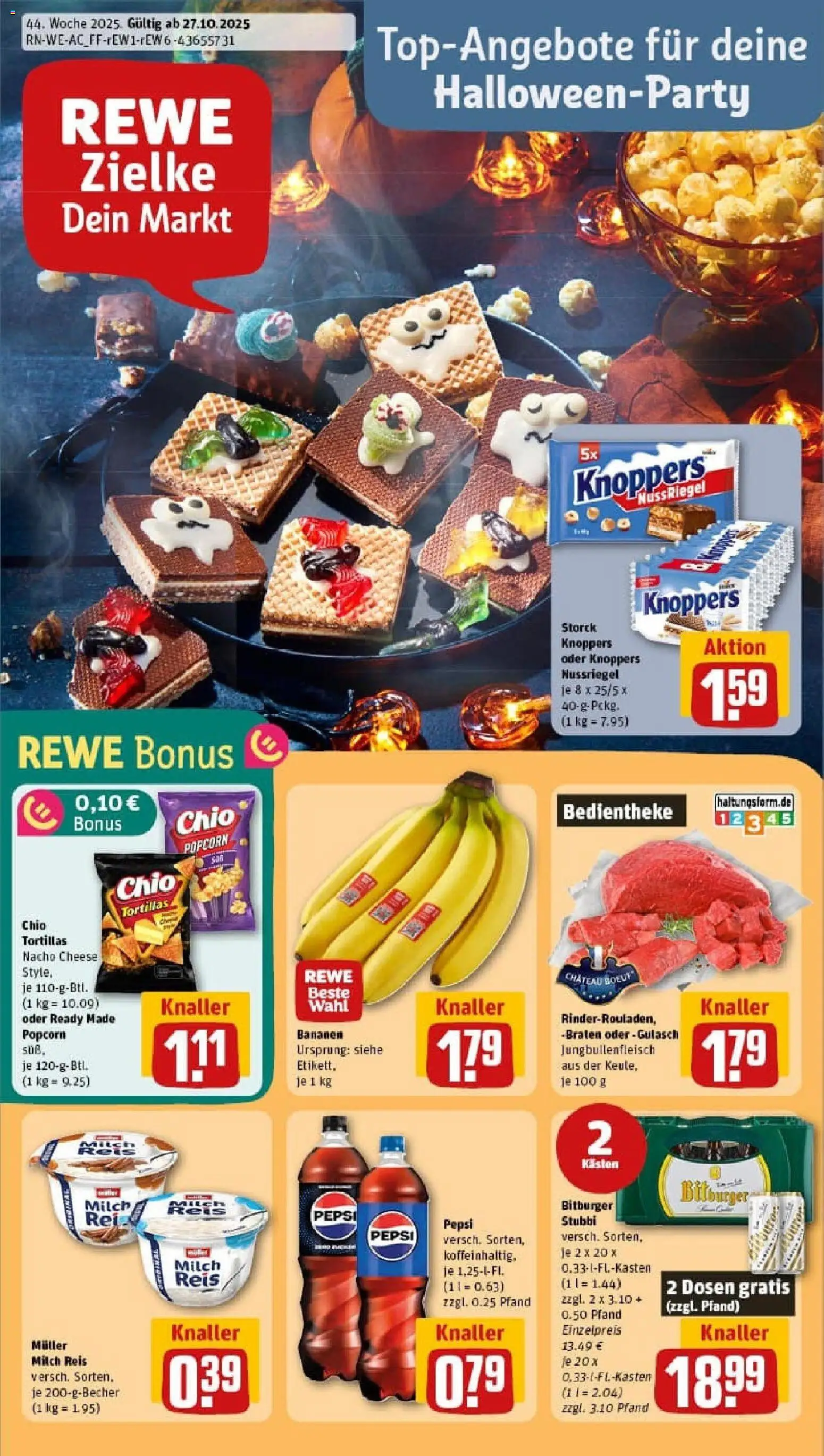 REWE Prospekt ab 26.10.2025 nächste Woche - Prospekt Tönisvorst / St. Tönis - Tortillas, Bananen, Milch, Reis, Popcorn, Pudding, Knoppers, Bitburger
